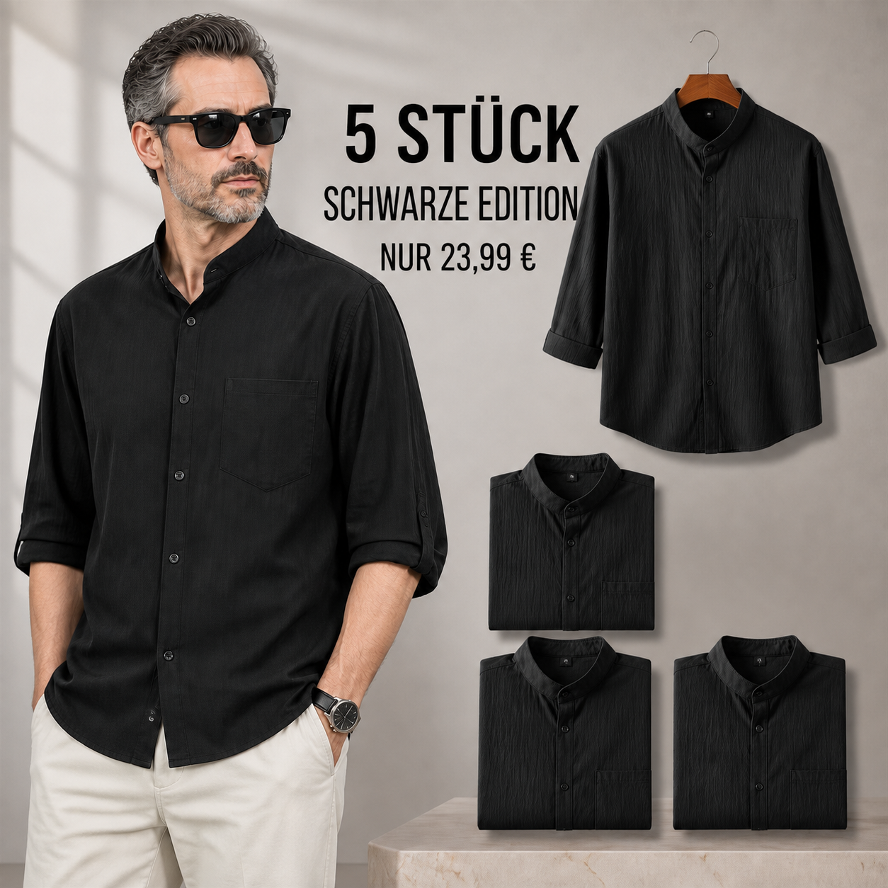 FINAL CLEARANCE - 10-Pack Only $34.99 - Men's Relaxed Mandarin-Collar Three-Quarter-Sleeve Button-Front Shirt