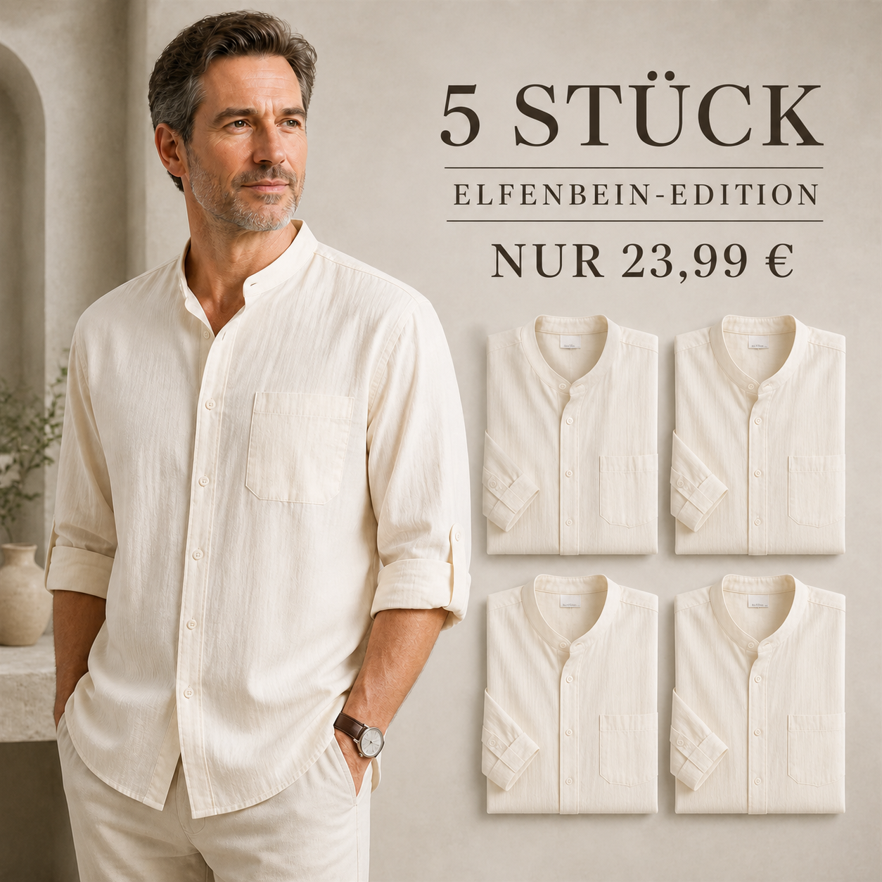 FINAL CLEARANCE - 10-Pack Only $34.99 - Men's Relaxed Mandarin-Collar Three-Quarter-Sleeve Button-Front Shirt