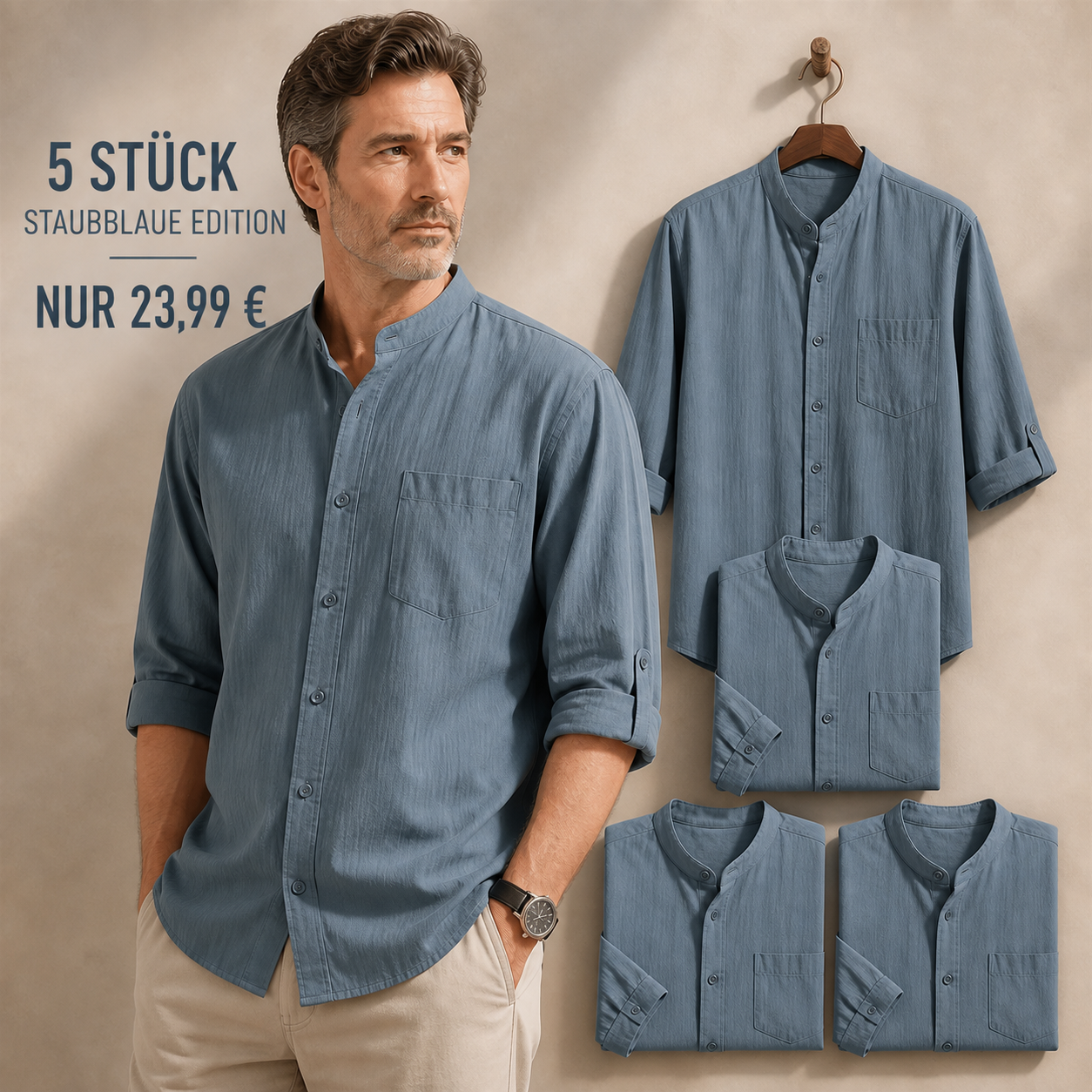 FINAL CLEARANCE - 10-Pack Only $34.99 - Men's Relaxed Mandarin-Collar Three-Quarter-Sleeve Button-Front Shirt