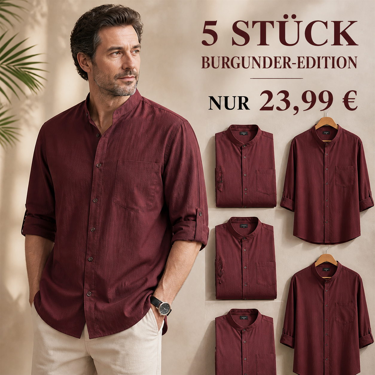 FINAL CLEARANCE - 10-Pack Only $34.99 - Men's Relaxed Mandarin-Collar Three-Quarter-Sleeve Button-Front Shirt