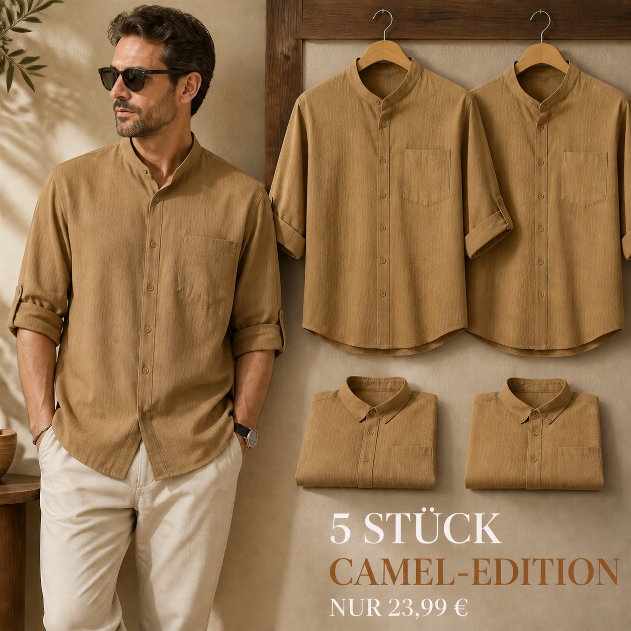 FINAL CLEARANCE - 10-Pack Only $34.99 - Men's Relaxed Mandarin-Collar Three-Quarter-Sleeve Button-Front Shirt