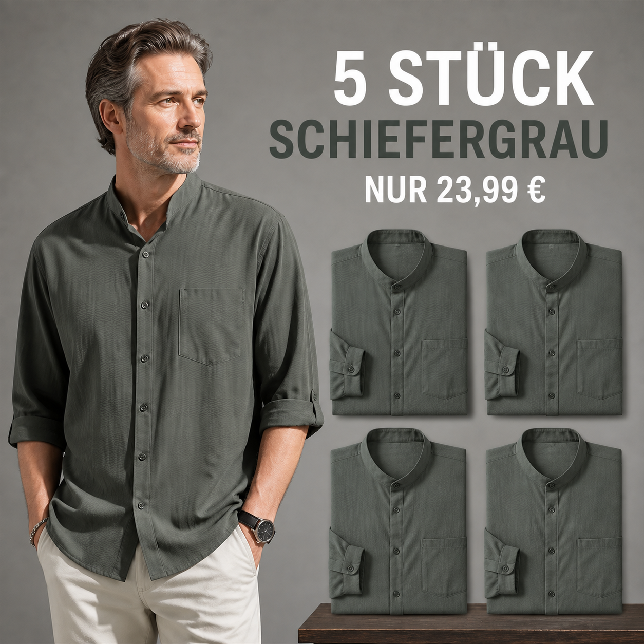 FINAL CLEARANCE - 10-Pack Only $34.99 - Men's Relaxed Mandarin-Collar Three-Quarter-Sleeve Button-Front Shirt
