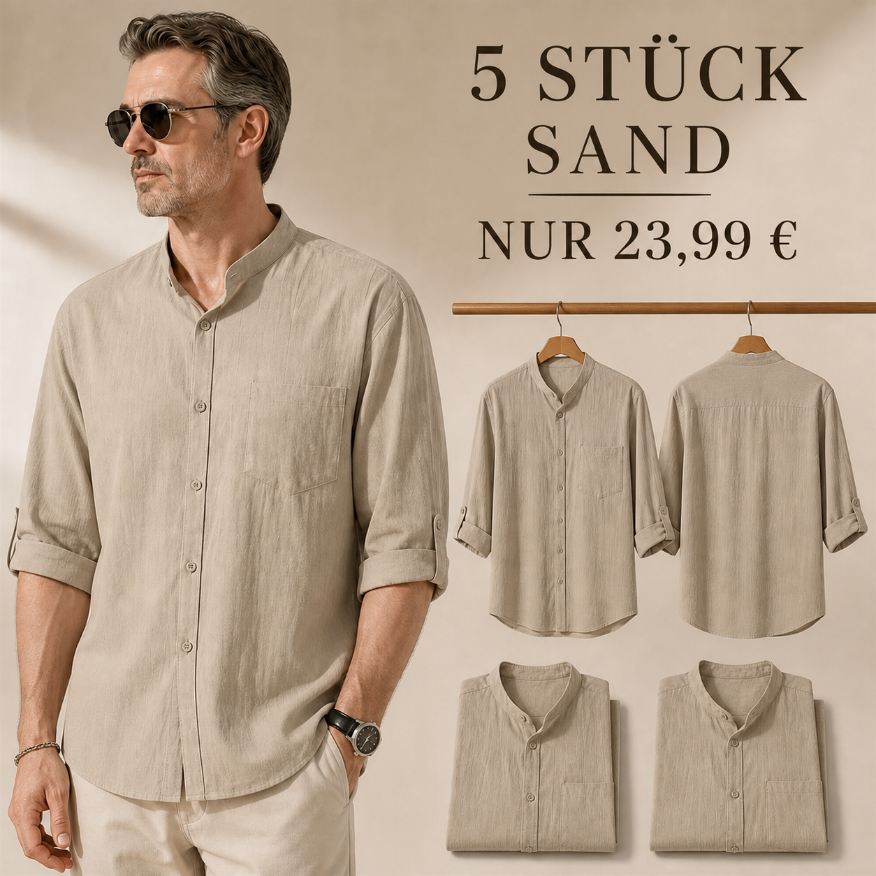 FINAL CLEARANCE - 10-Pack Only $34.99 - Men's Relaxed Mandarin-Collar Three-Quarter-Sleeve Button-Front Shirt