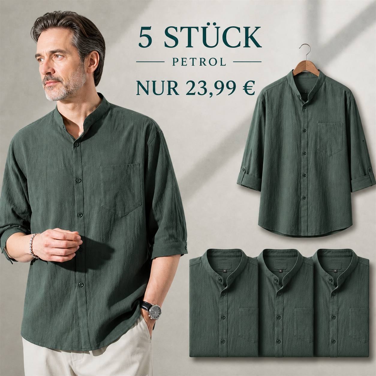 FINAL CLEARANCE - 10-Pack Only $34.99 - Men's Relaxed Mandarin-Collar Three-Quarter-Sleeve Button-Front Shirt