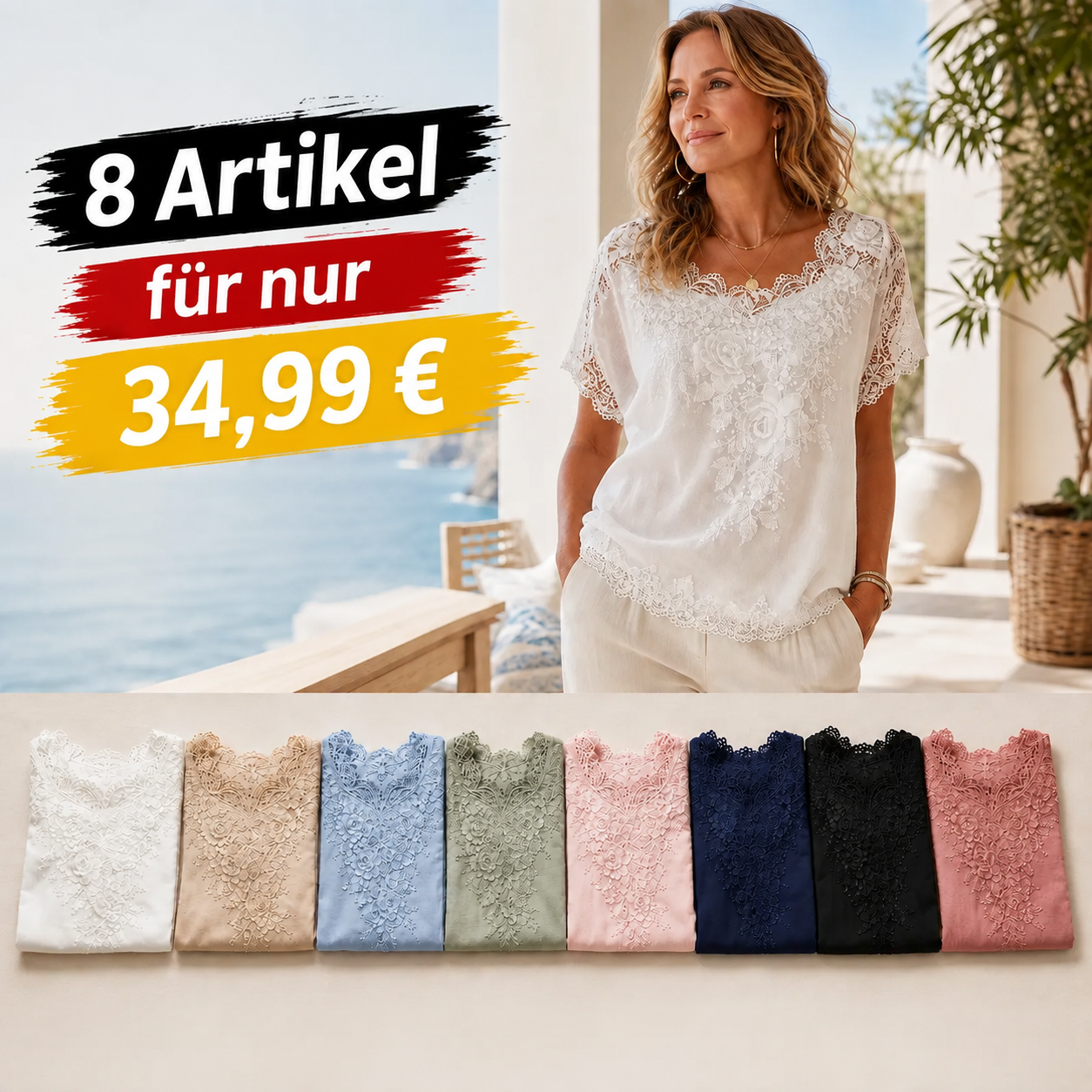 Kurzarm-Oberteil mit Spitzenstickerei für Damen