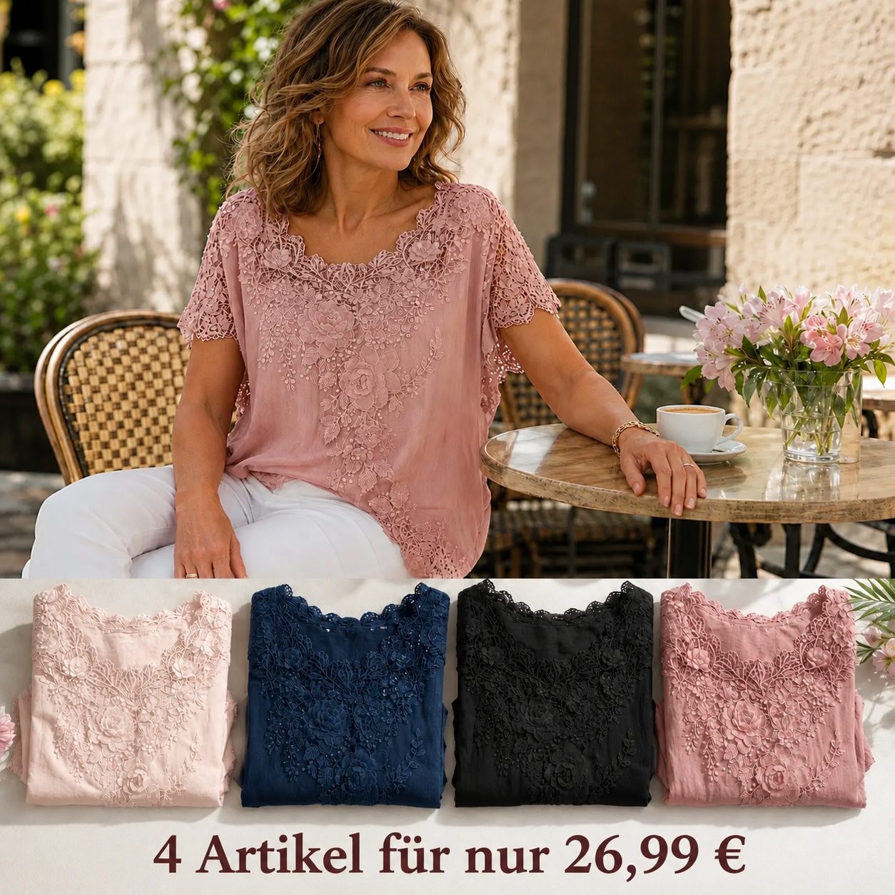 Kurzarm-Oberteil mit Spitzenstickerei für Damen
