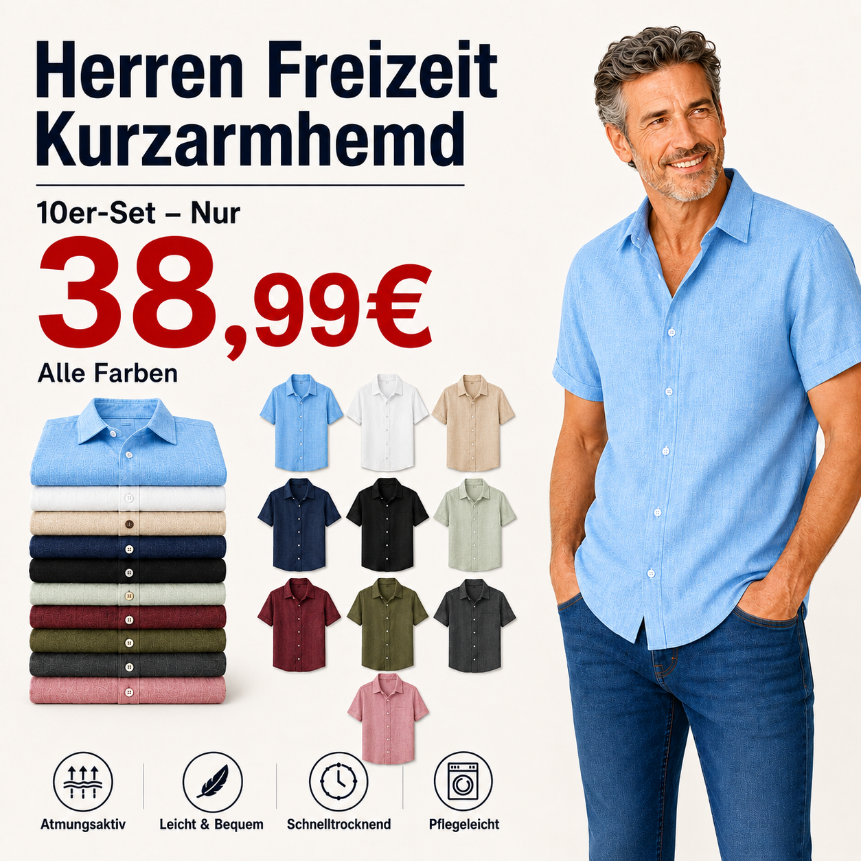 Herren Kurzarmhemd mit offenem Kragen und Leinenoptik