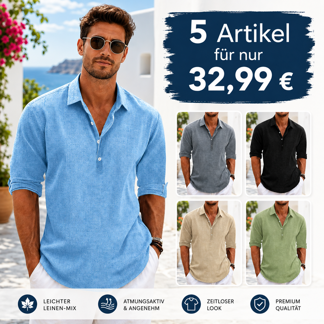 5 Artikel für nur 32,99 €-Klassisches hochwertiges Hemd aus Baumwolle und Leinen
