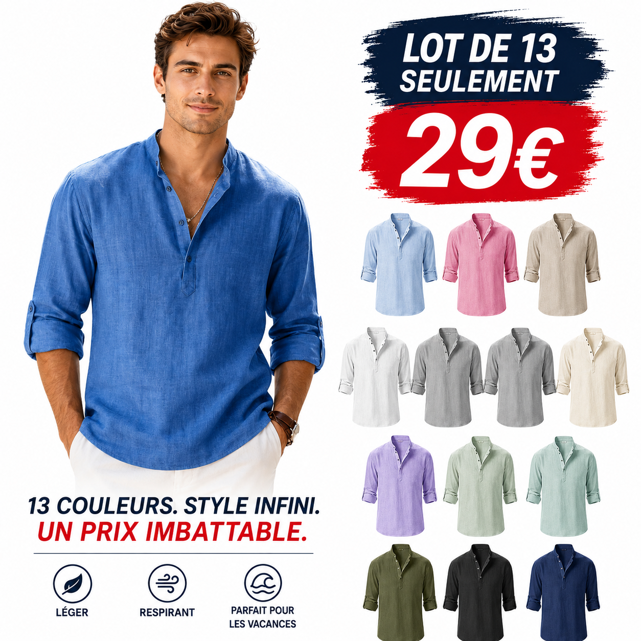 FR⏰ à seulement 29 € 👔 Chemise homme en coton et lin