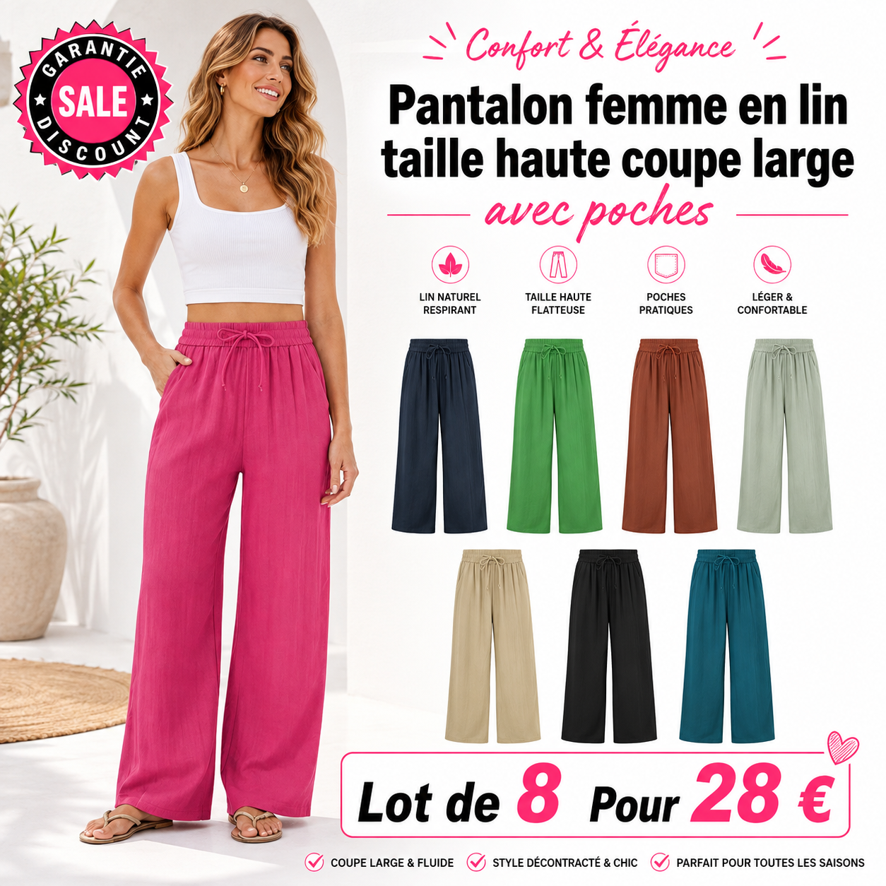 ⏰VENTE FINALE⚡ Lot de 16 pour 38 €⚡Pantalon femme en lin taille haute coupe large avec poches