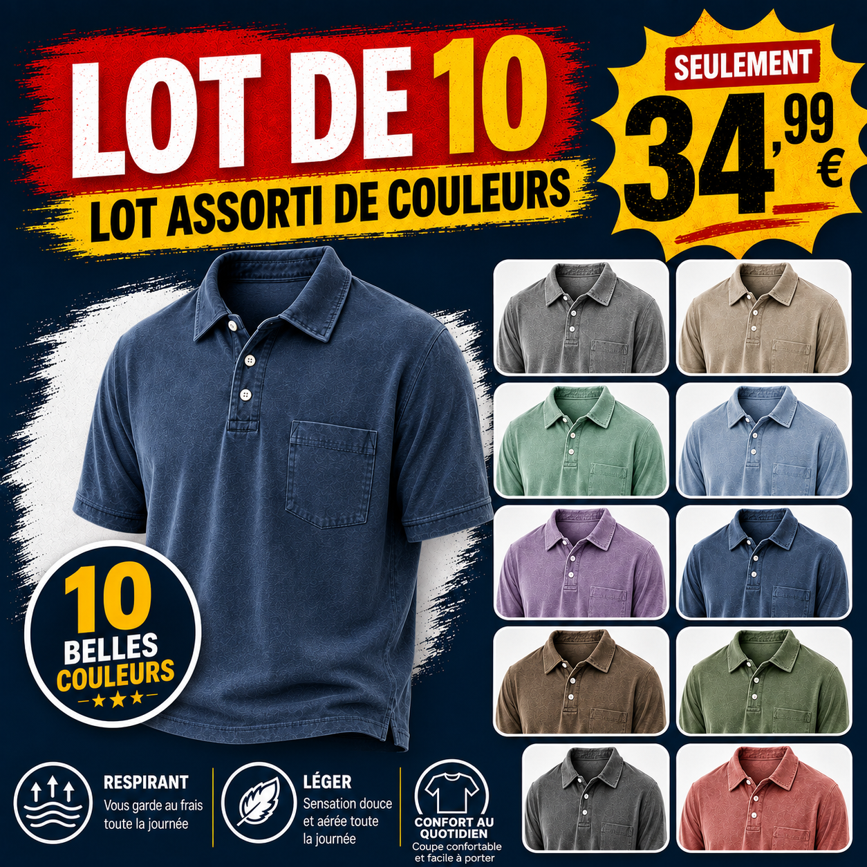 FR⏰VENTE FINALE⚡Polo homme rétro délavé à col revers avec poche et manches courtes