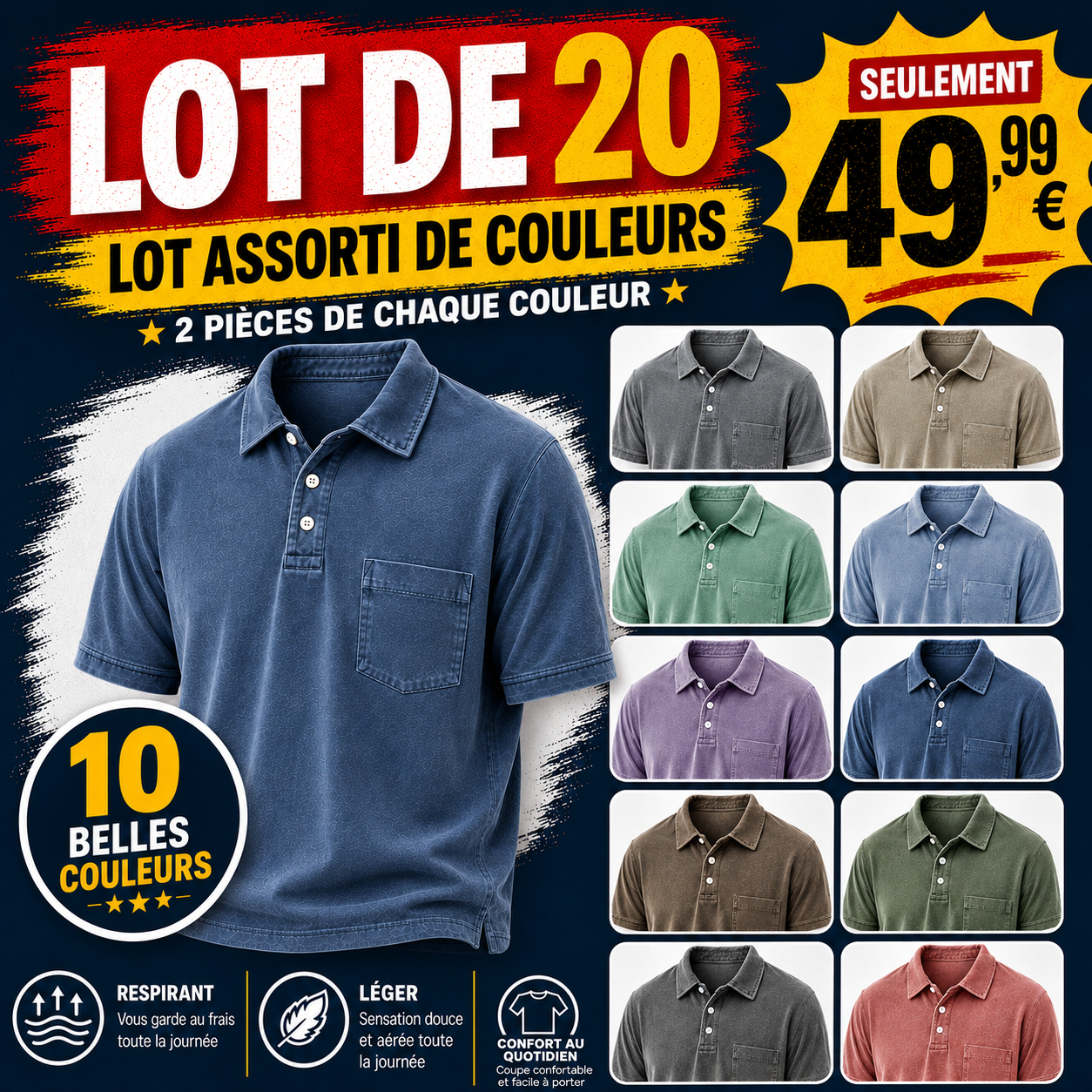 FR⏰VENTE FINALE⚡Polo homme rétro délavé à col revers avec poche et manches courtes