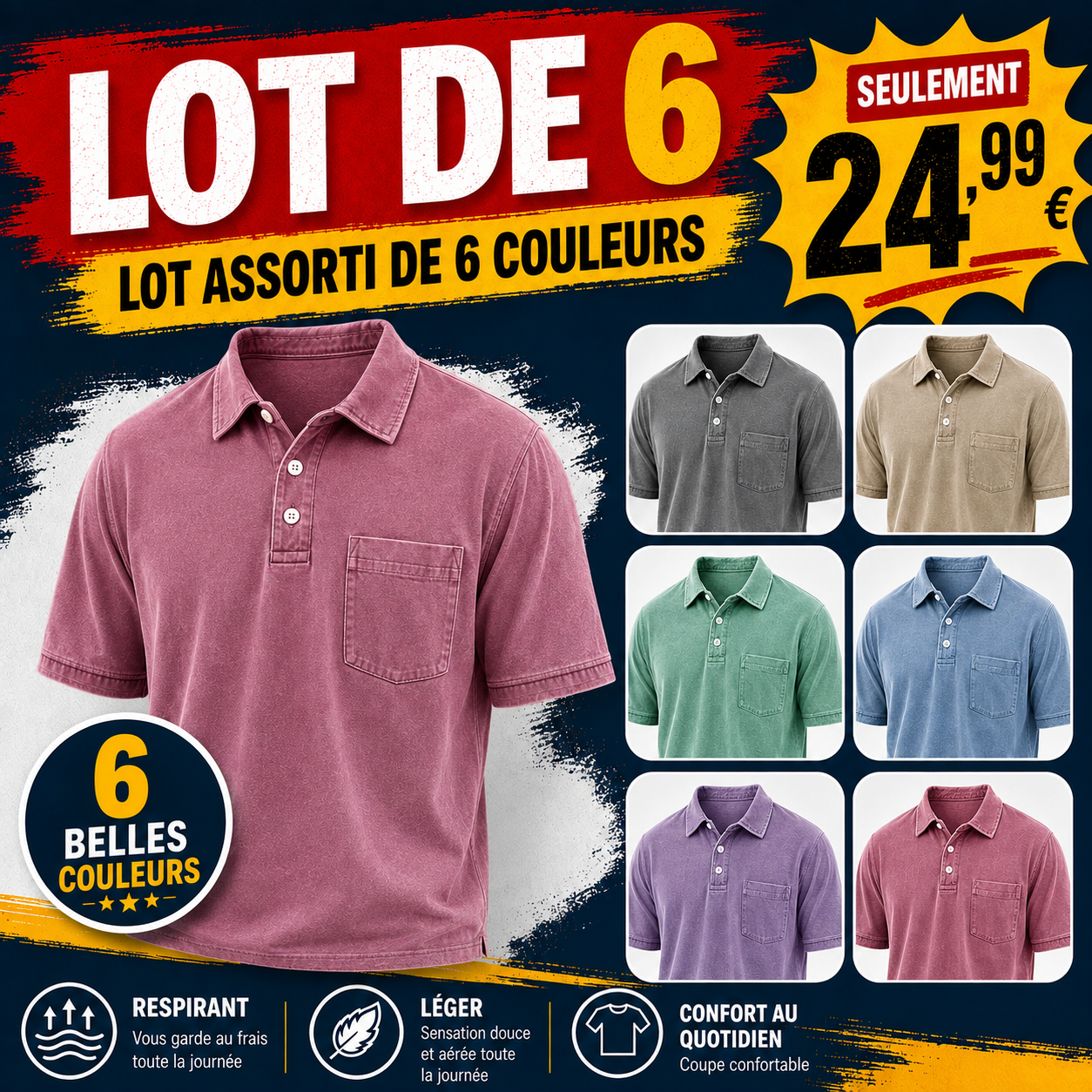 FR⏰VENTE FINALE⚡Polo homme rétro délavé à col revers avec poche et manches courtes