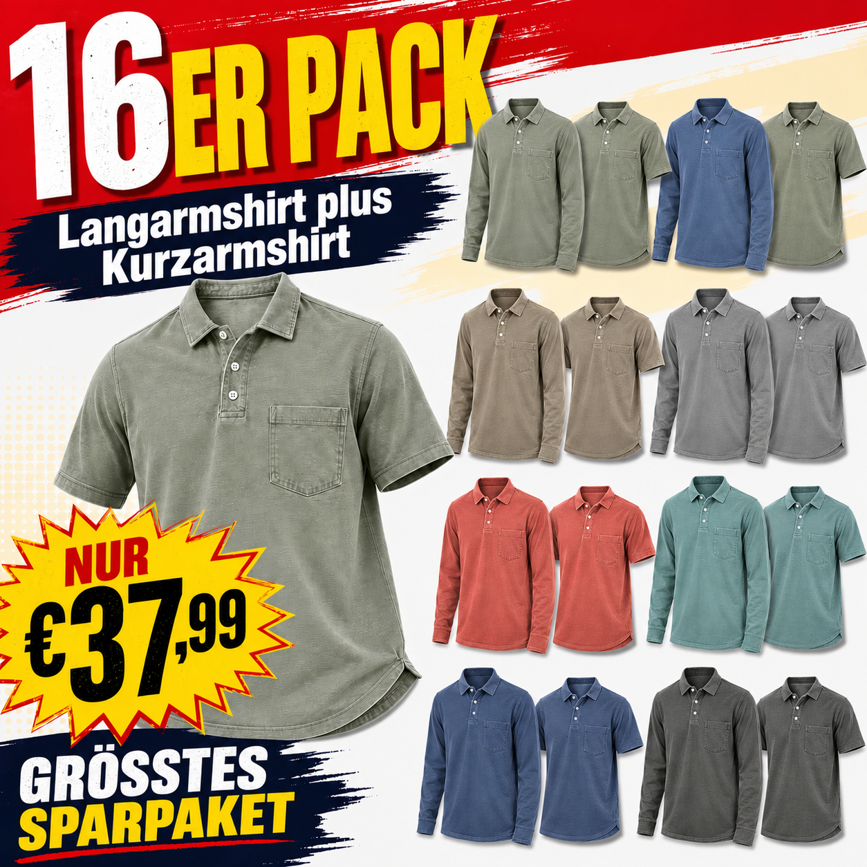 Zeitlich begrenztes Angebot: 8er-Pack Herren-Poloshirts aus gewaschenem Baumwollmix mit Brusttasche – leicht, atmungsaktiv, 3-Knopf-Leiste, bequeme Passform