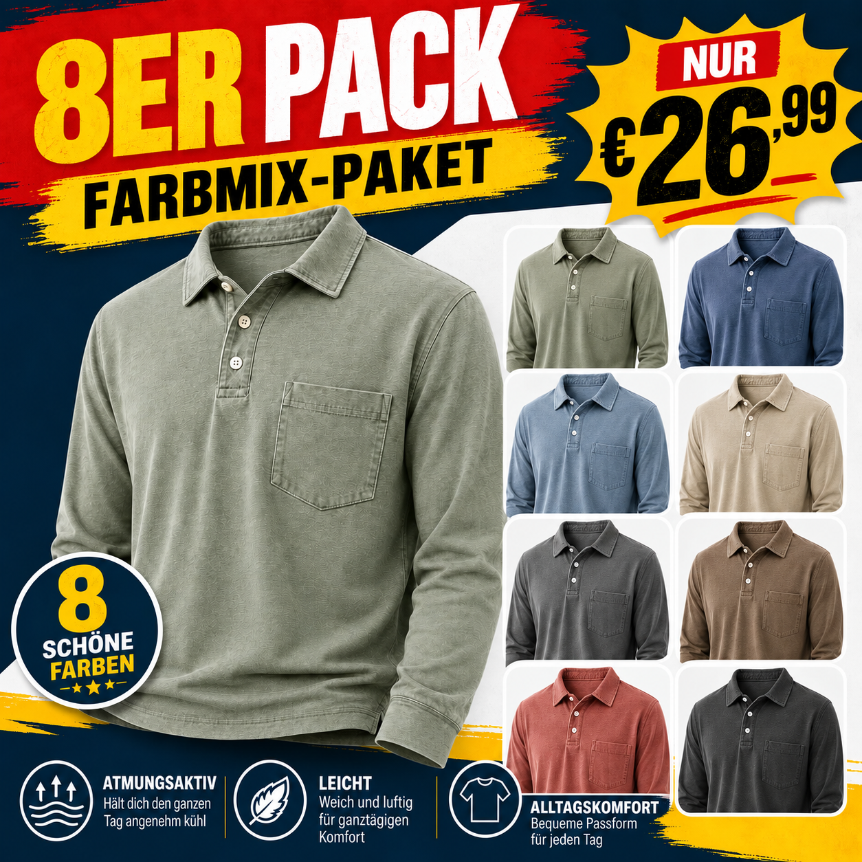 Zeitlich begrenztes Angebot: 8er-Pack Herren-Poloshirts aus gewaschenem Baumwollmix mit Brusttasche – leicht, atmungsaktiv, 3-Knopf-Leiste, bequeme Passform