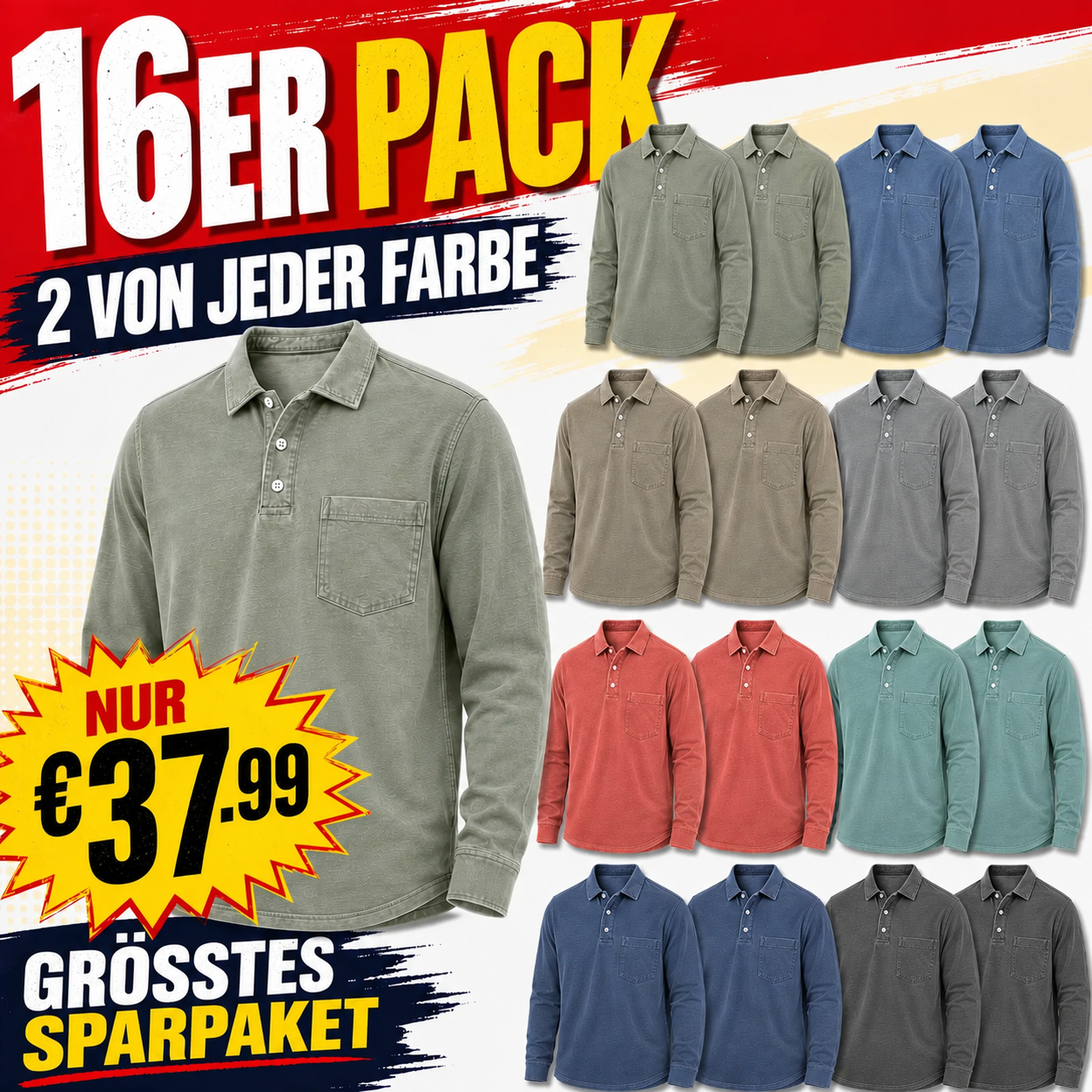 Zeitlich begrenztes Angebot: 8er-Pack Herren-Poloshirts aus gewaschenem Baumwollmix mit Brusttasche – leicht, atmungsaktiv, 3-Knopf-Leiste, bequeme Passform