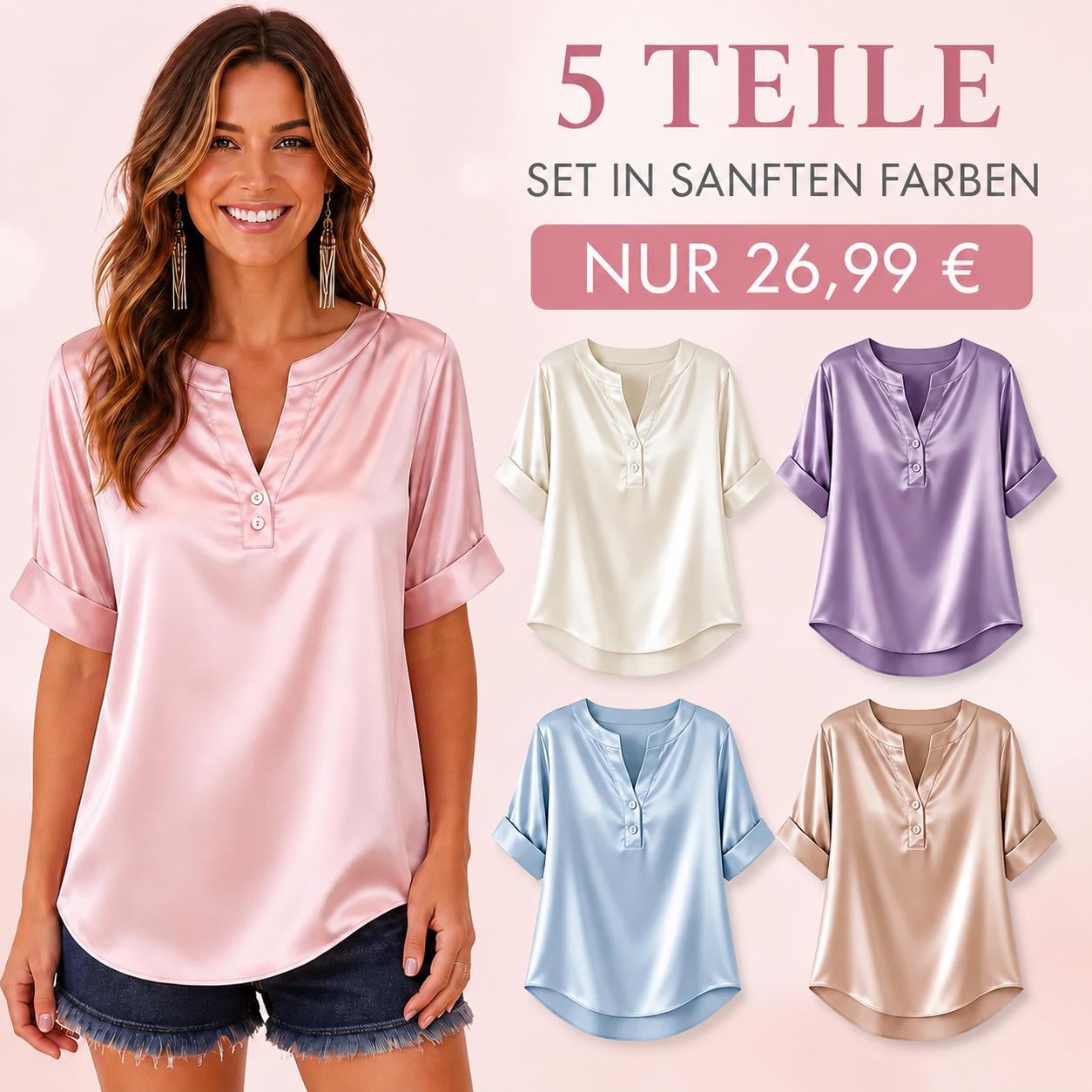 DE ENDVERKAUF – 10er-Pack für nur 34,99 € – Damenbluse mit Satin-Optik, V-Ausschnitt und kurzen Ärmeln
