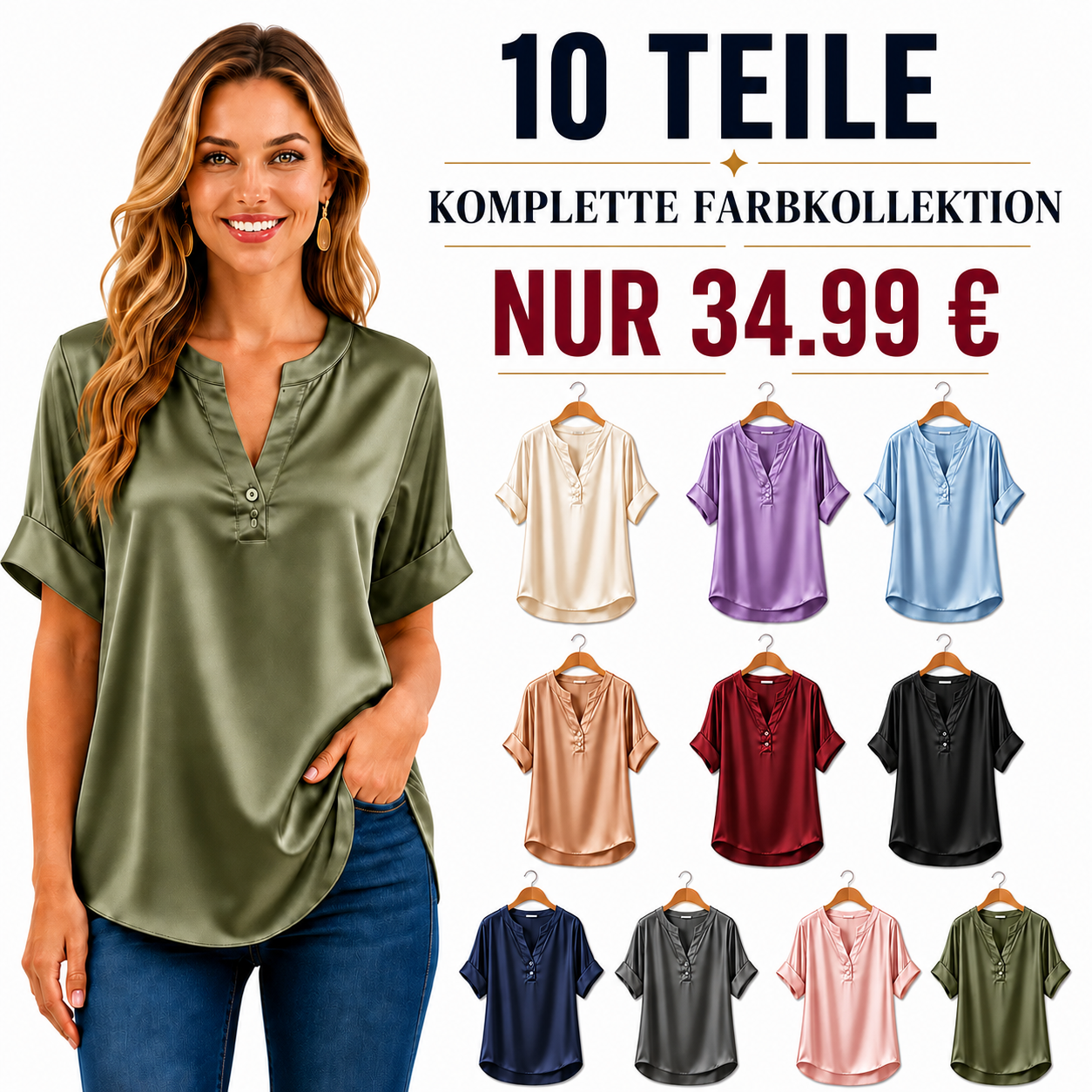 DE ENDVERKAUF – 10er-Pack für nur 34,99 € – Damenbluse mit Satin-Optik, V-Ausschnitt und kurzen Ärmeln
