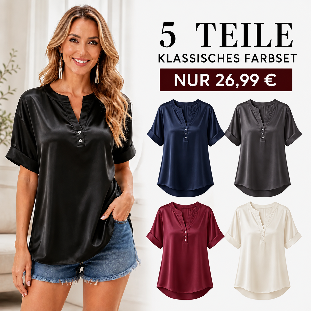 DE ENDVERKAUF – 10er-Pack für nur 34,99 € – Damenbluse mit Satin-Optik, V-Ausschnitt und kurzen Ärmeln