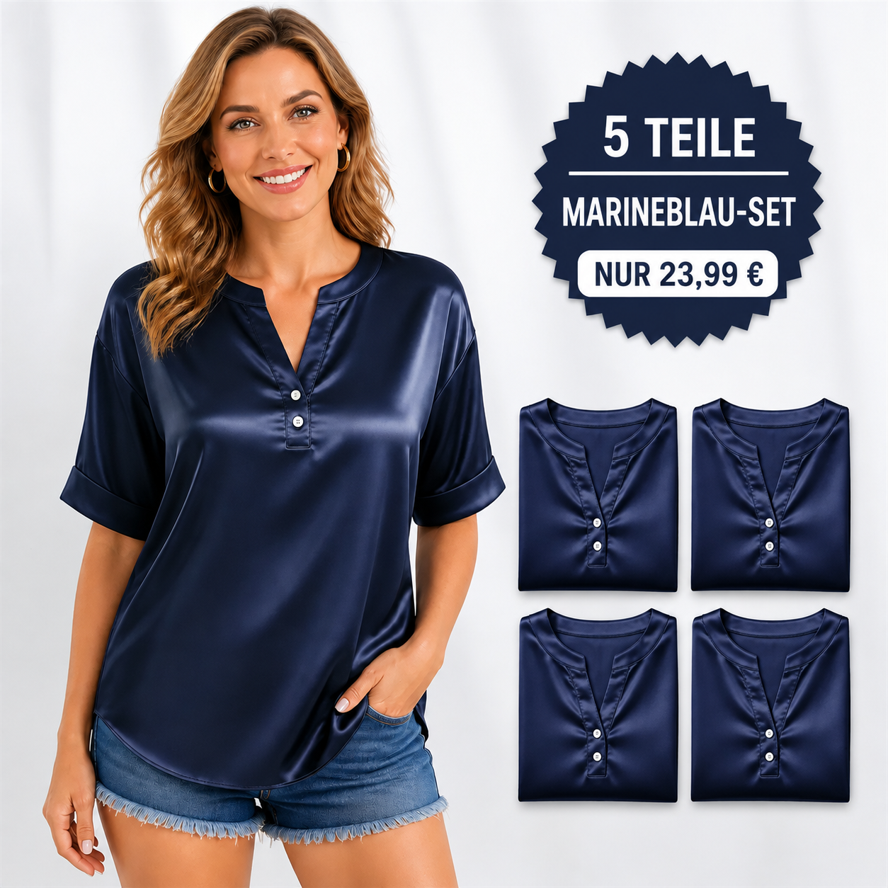 DE ENDVERKAUF – 10er-Pack für nur 34,99 € – Damenbluse mit Satin-Optik, V-Ausschnitt und kurzen Ärmeln