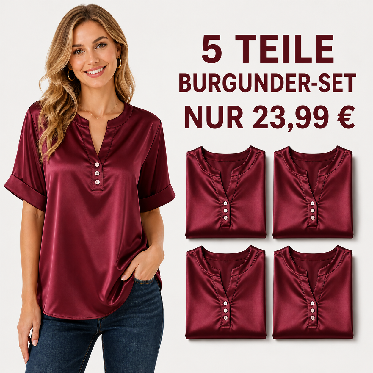 DE ENDVERKAUF – 10er-Pack für nur 34,99 € – Damenbluse mit Satin-Optik, V-Ausschnitt und kurzen Ärmeln