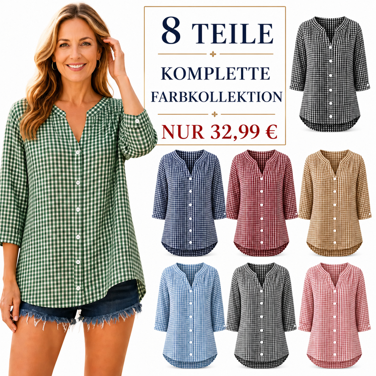 ENDVERKAUF – 8er-Pack für nur 32,99 € – Lässige Damenbluse mit V-Ausschnitt, Knopfleiste und Dreiviertelärmeln im Gingham-Muster