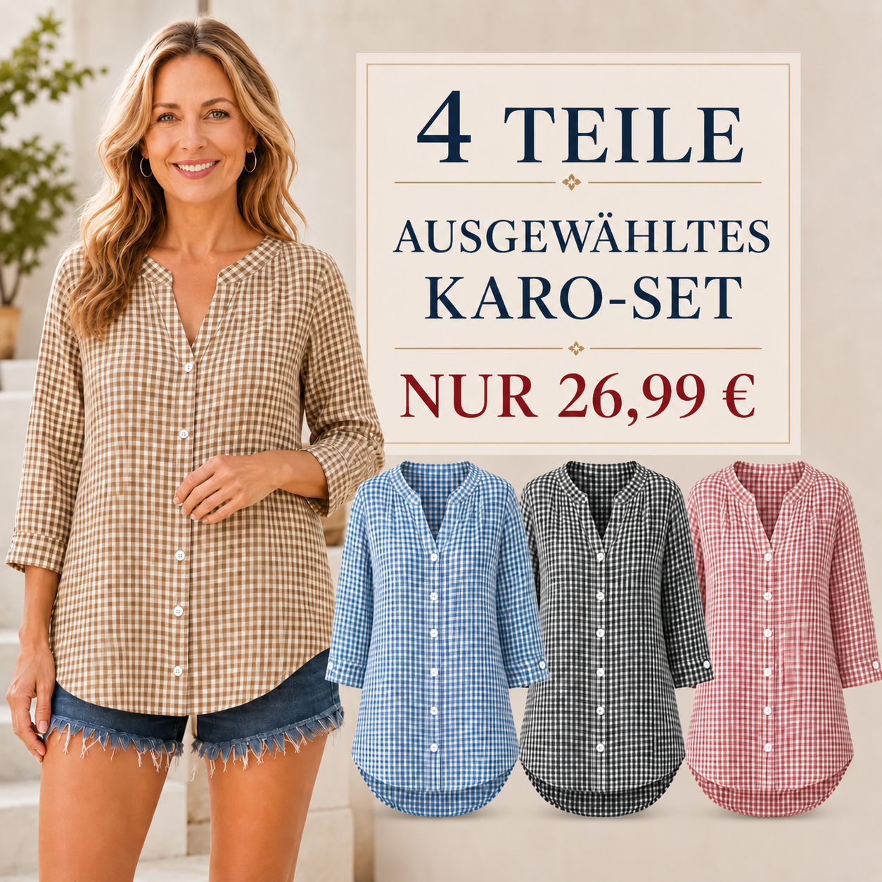 ENDVERKAUF – 8er-Pack für nur 32,99 € – Lässige Damenbluse mit V-Ausschnitt, Knopfleiste und Dreiviertelärmeln im Gingham-Muster