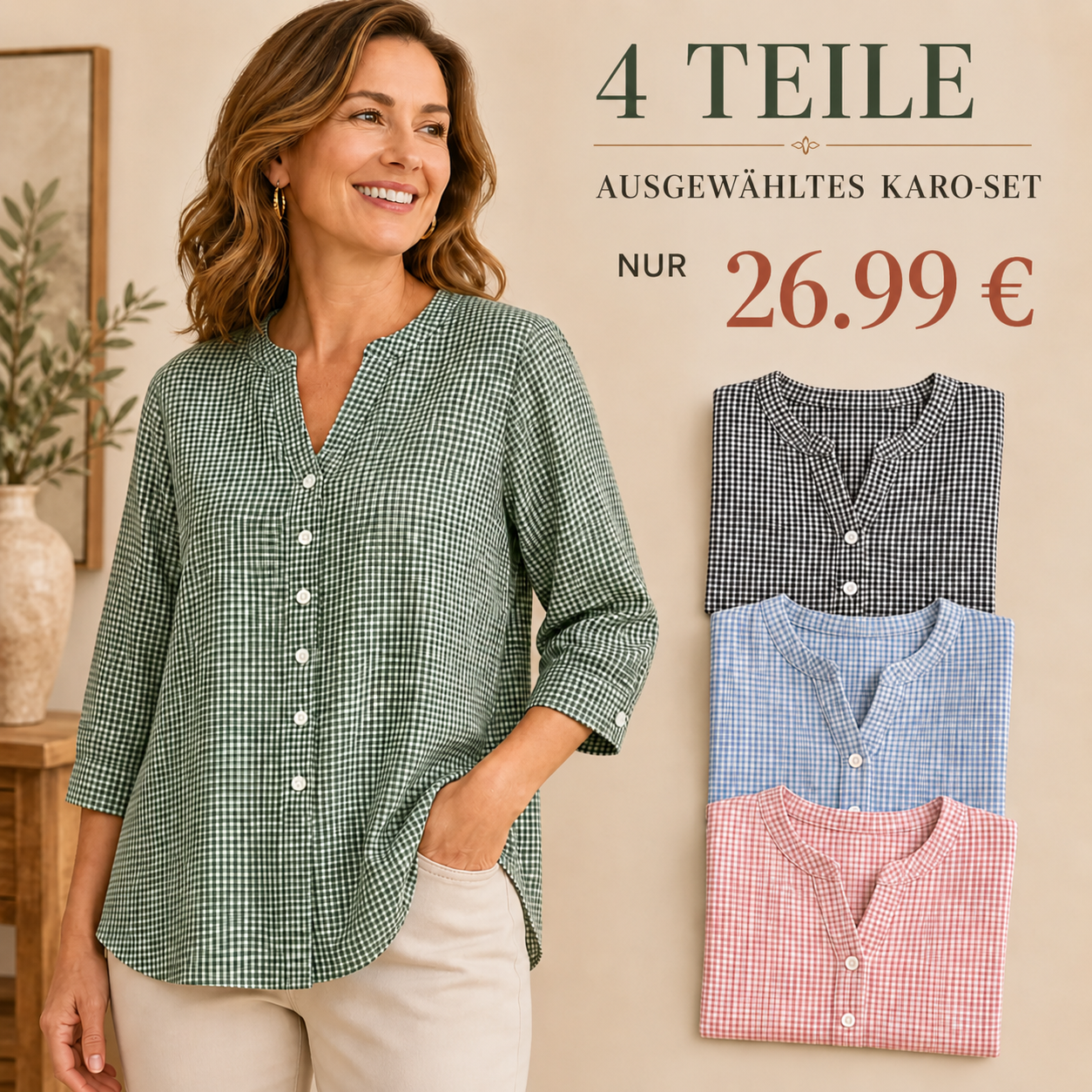 ENDVERKAUF – 8er-Pack für nur 32,99 € – Lässige Damenbluse mit V-Ausschnitt, Knopfleiste und Dreiviertelärmeln im Gingham-Muster