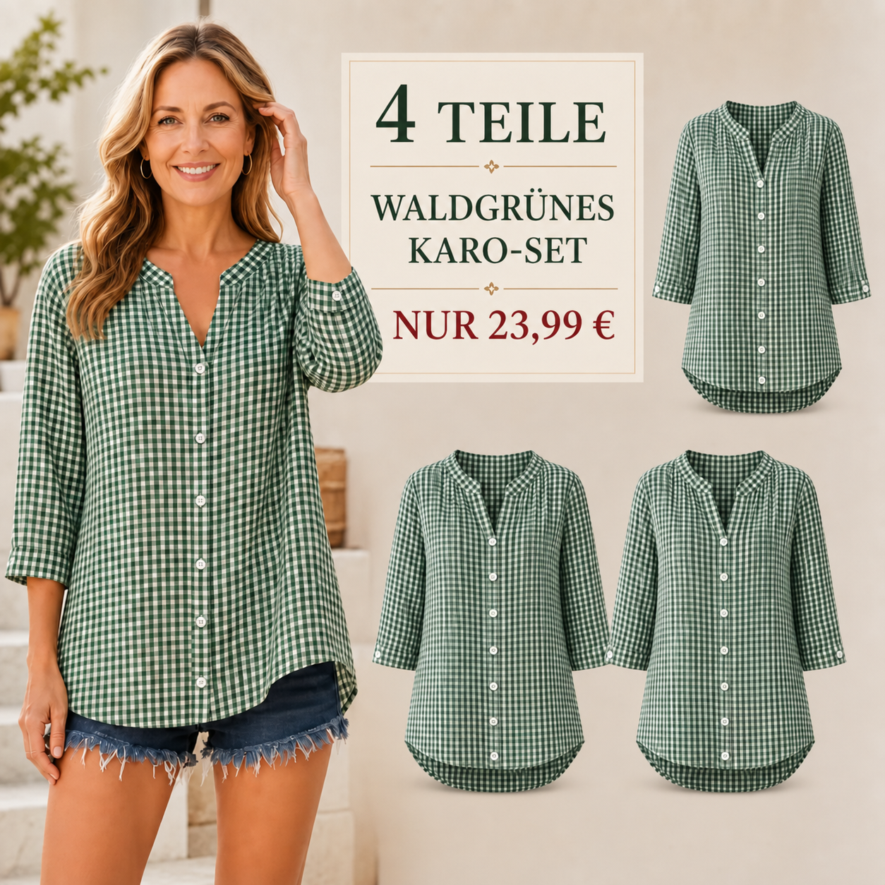 ENDVERKAUF – 8er-Pack für nur 32,99 € – Lässige Damenbluse mit V-Ausschnitt, Knopfleiste und Dreiviertelärmeln im Gingham-Muster