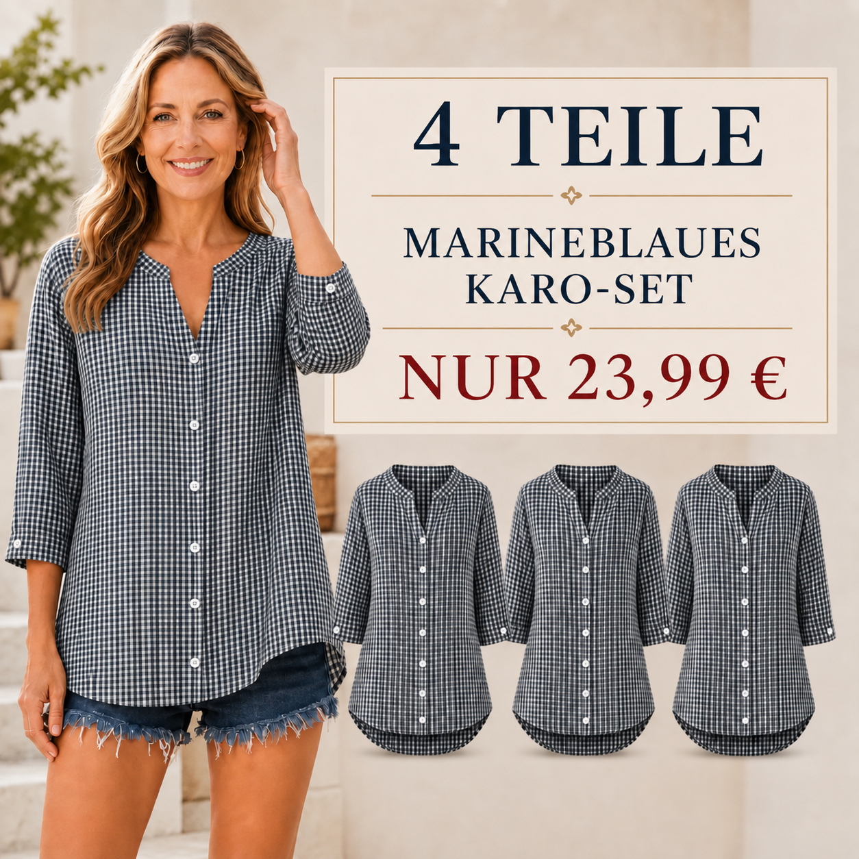 ENDVERKAUF – 8er-Pack für nur 32,99 € – Lässige Damenbluse mit V-Ausschnitt, Knopfleiste und Dreiviertelärmeln im Gingham-Muster