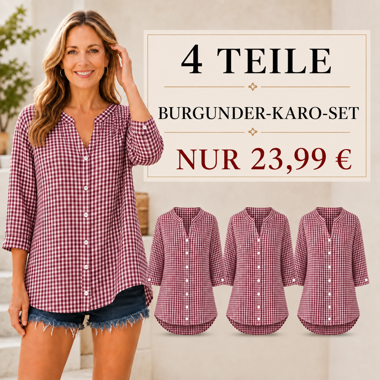 ENDVERKAUF – 8er-Pack für nur 32,99 € – Lässige Damenbluse mit V-Ausschnitt, Knopfleiste und Dreiviertelärmeln im Gingham-Muster
