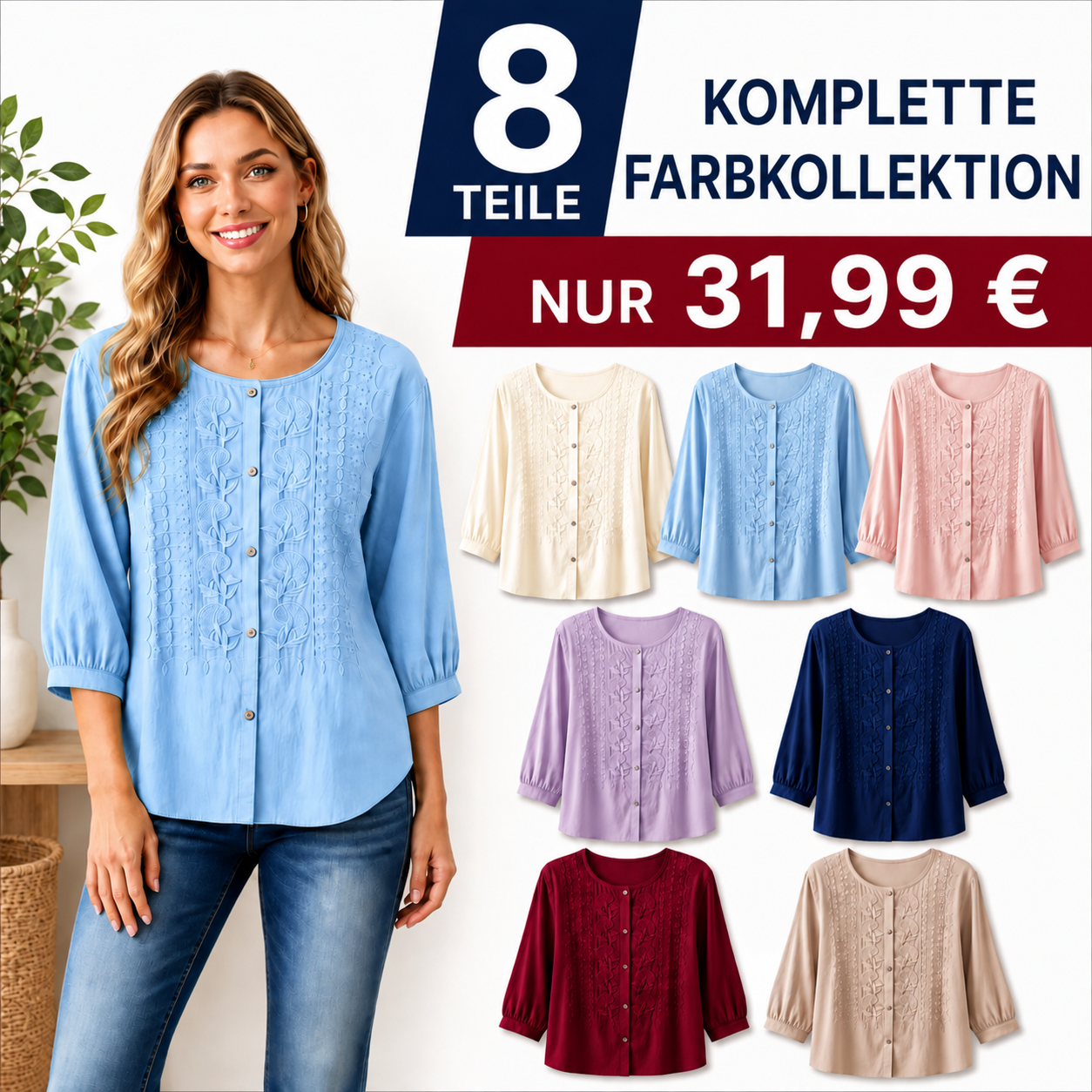 ENDVERKAUF – 8er-Pack für nur 31,99 $ – Bestickte Damenbluse mit Knopfleiste und Dreiviertelärmeln