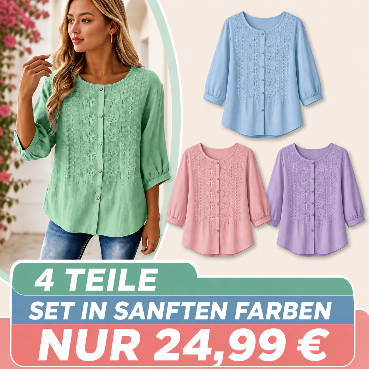 ENDVERKAUF – 8er-Pack für nur 31,99 $ – Bestickte Damenbluse mit Knopfleiste und Dreiviertelärmeln