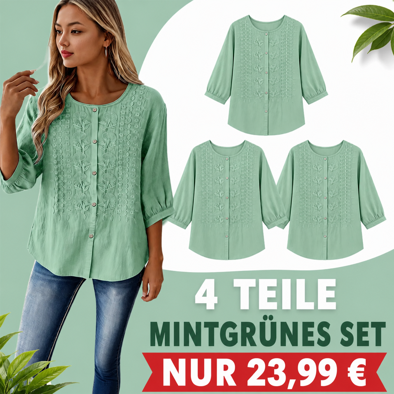 ENDVERKAUF – 8er-Pack für nur 31,99 $ – Bestickte Damenbluse mit Knopfleiste und Dreiviertelärmeln