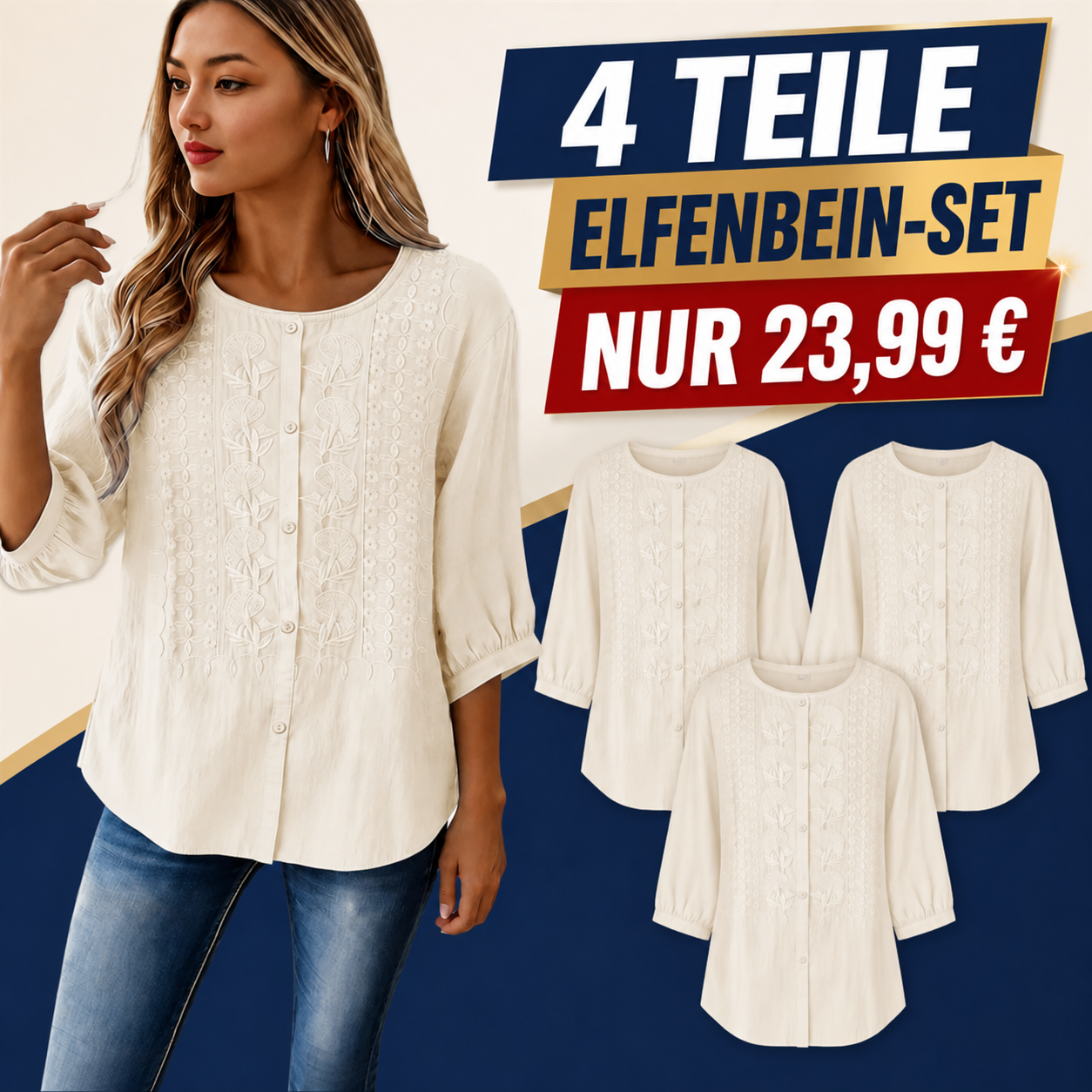 ENDVERKAUF – 8er-Pack für nur 31,99 $ – Bestickte Damenbluse mit Knopfleiste und Dreiviertelärmeln