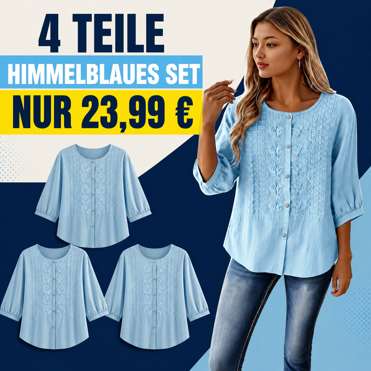 ENDVERKAUF – 8er-Pack für nur 31,99 $ – Bestickte Damenbluse mit Knopfleiste und Dreiviertelärmeln