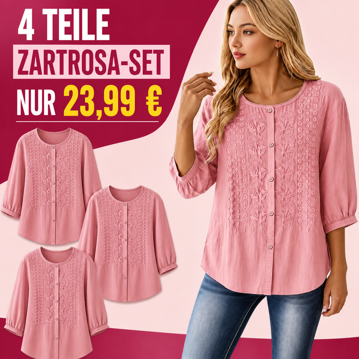 ENDVERKAUF – 8er-Pack für nur 31,99 $ – Bestickte Damenbluse mit Knopfleiste und Dreiviertelärmeln