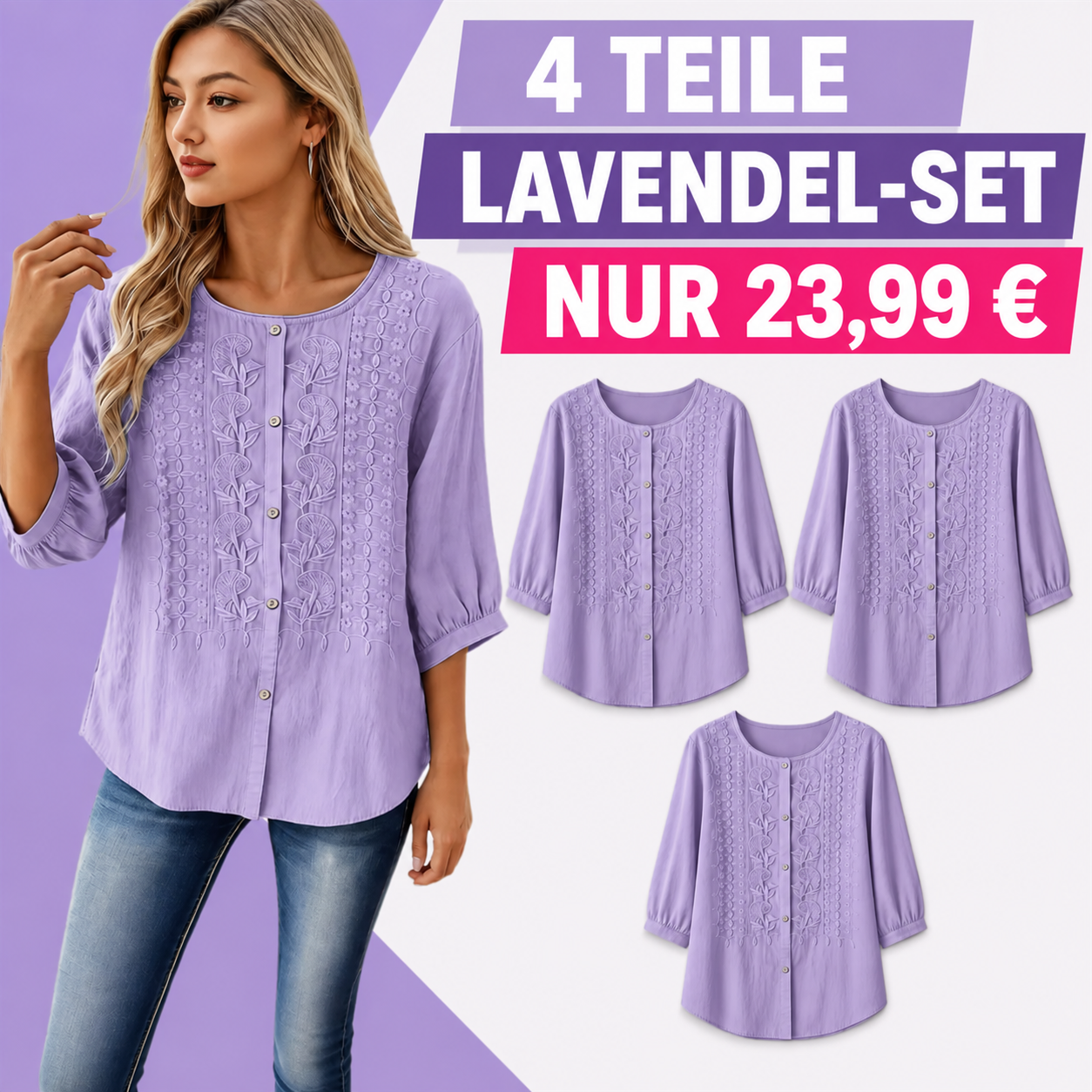 ENDVERKAUF – 8er-Pack für nur 31,99 $ – Bestickte Damenbluse mit Knopfleiste und Dreiviertelärmeln