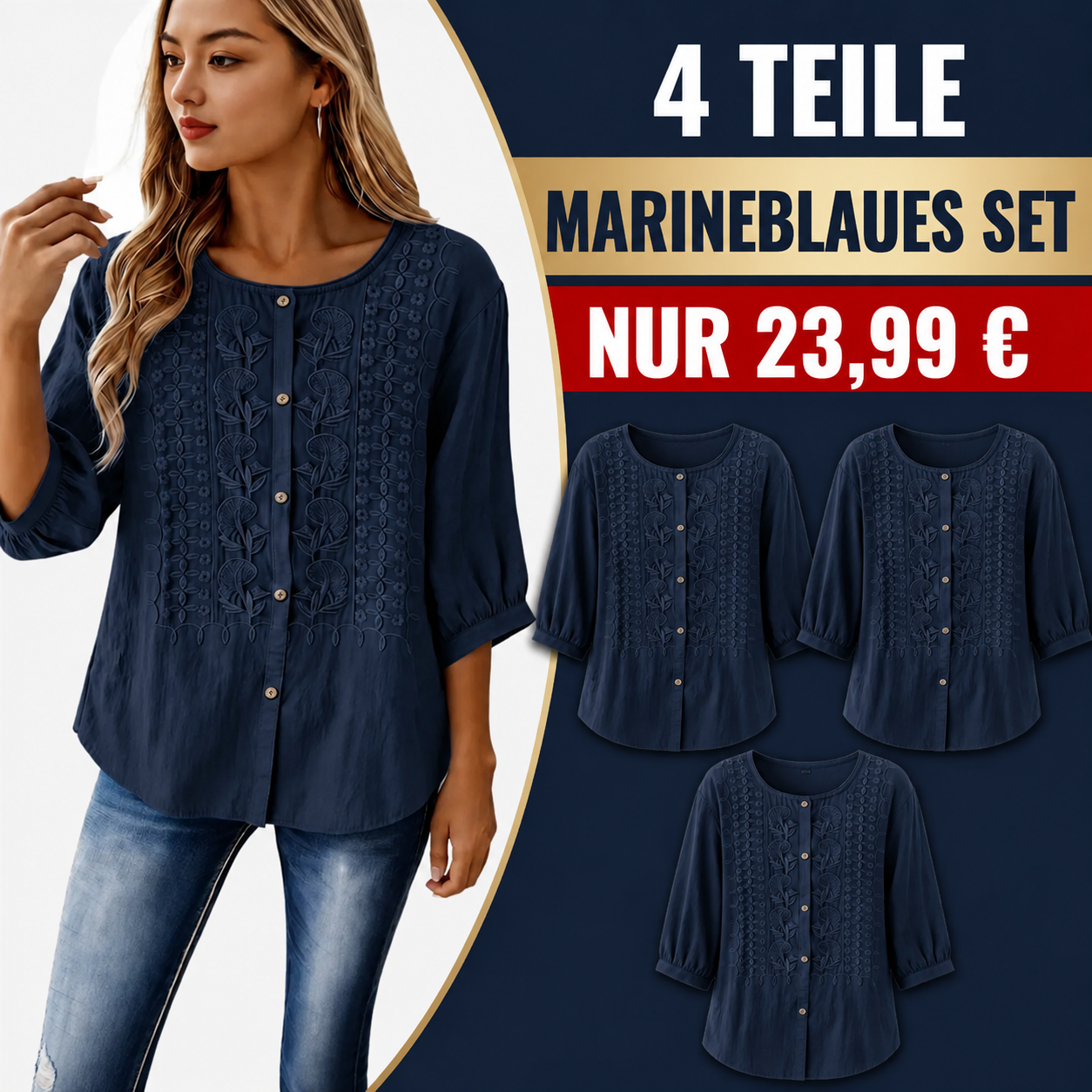 ENDVERKAUF – 8er-Pack für nur 31,99 $ – Bestickte Damenbluse mit Knopfleiste und Dreiviertelärmeln