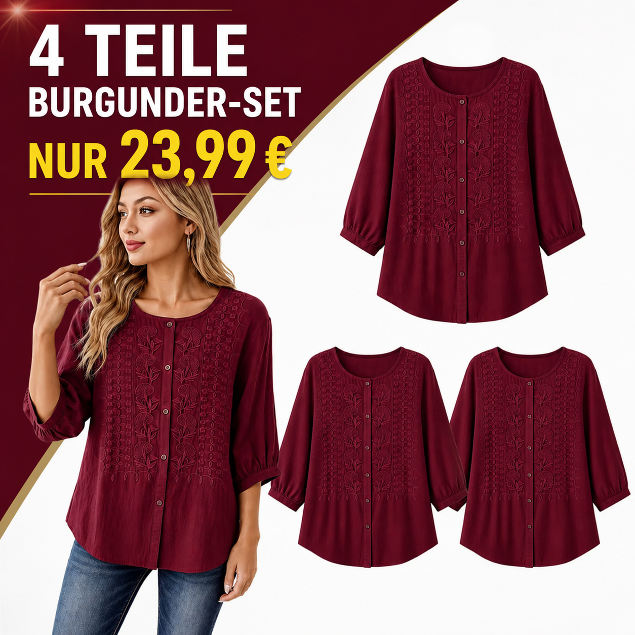 ENDVERKAUF – 8er-Pack für nur 31,99 $ – Bestickte Damenbluse mit Knopfleiste und Dreiviertelärmeln
