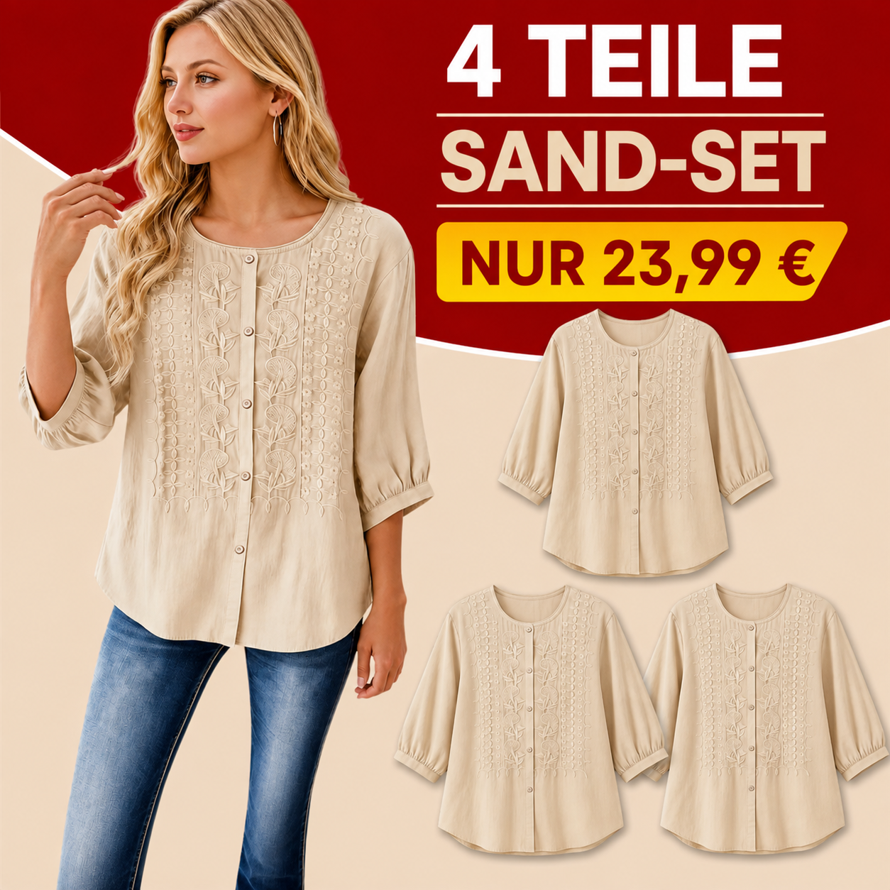 ENDVERKAUF – 8er-Pack für nur 31,99 $ – Bestickte Damenbluse mit Knopfleiste und Dreiviertelärmeln