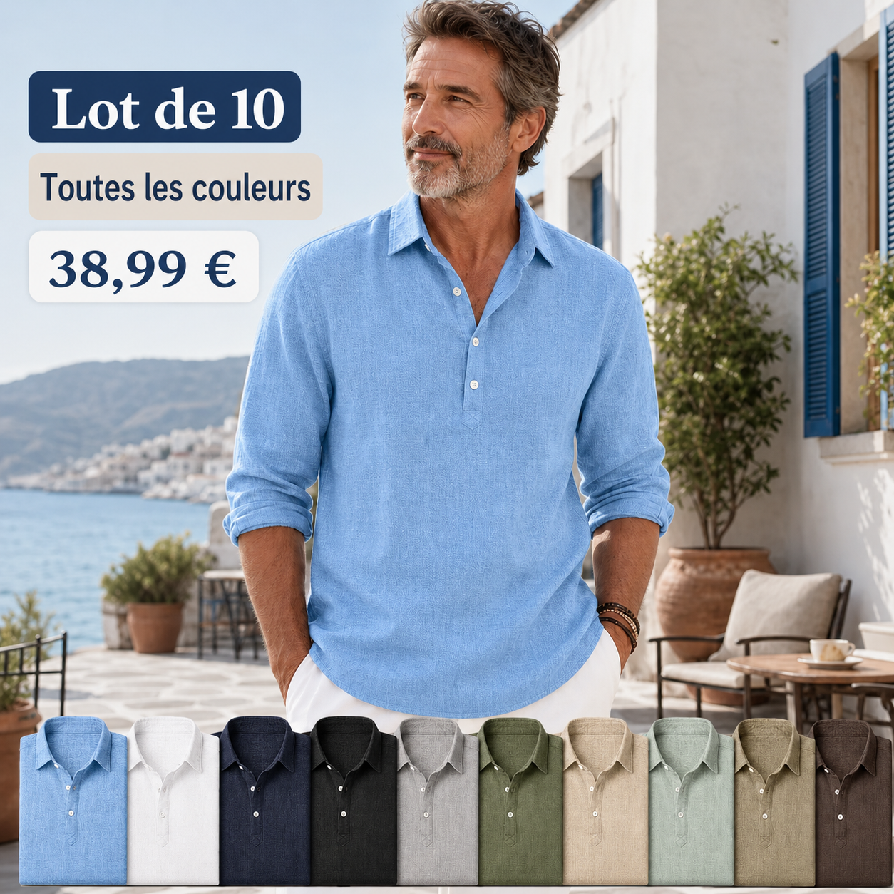 FR-Chemise pour homme effet lin avec demi-patte de boutonnage