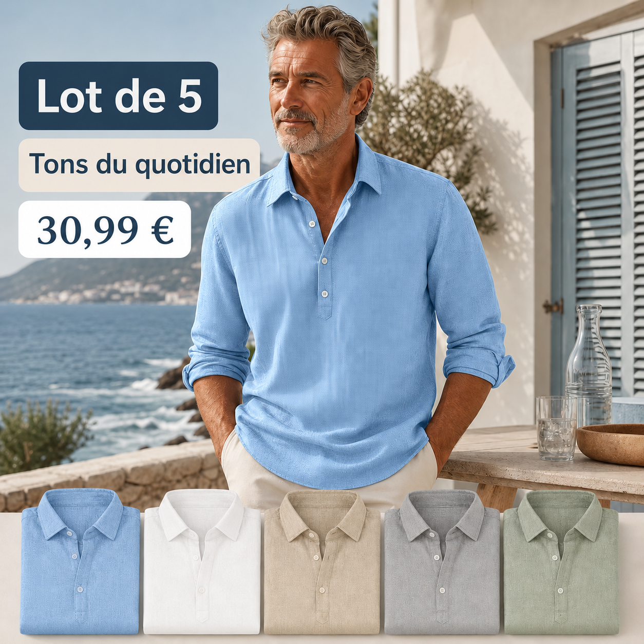 FR-Chemise pour homme effet lin avec demi-patte de boutonnage