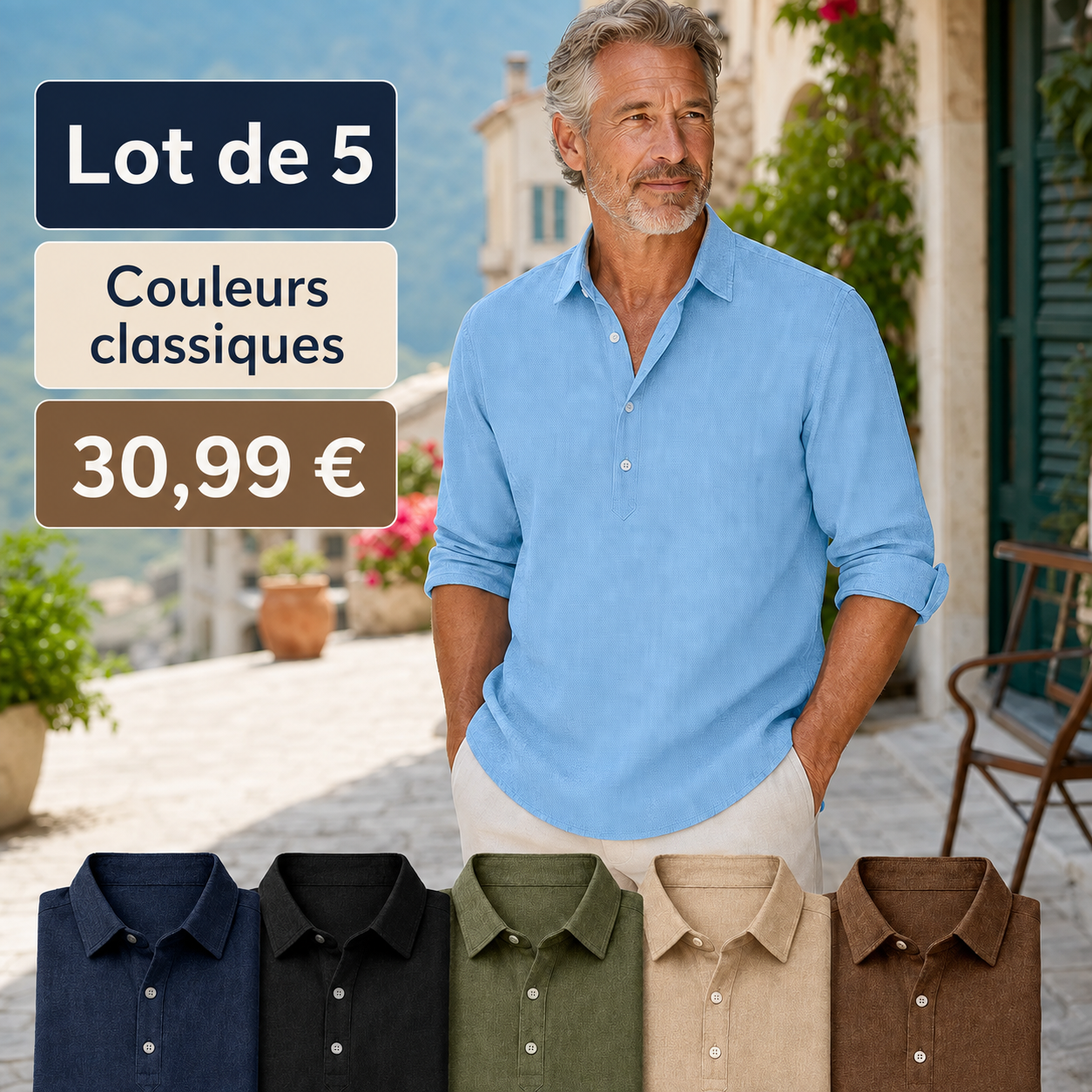 FR-Chemise pour homme effet lin avec demi-patte de boutonnage