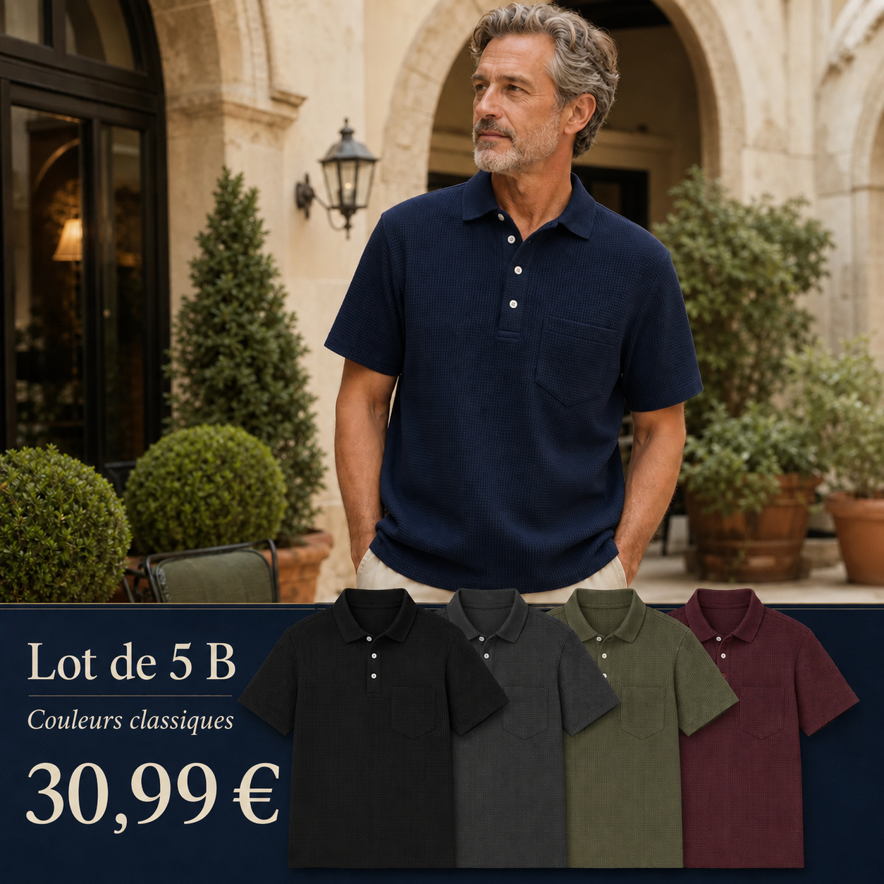 Polo à manches courtes pour homme, texturé, avec poche poitrine