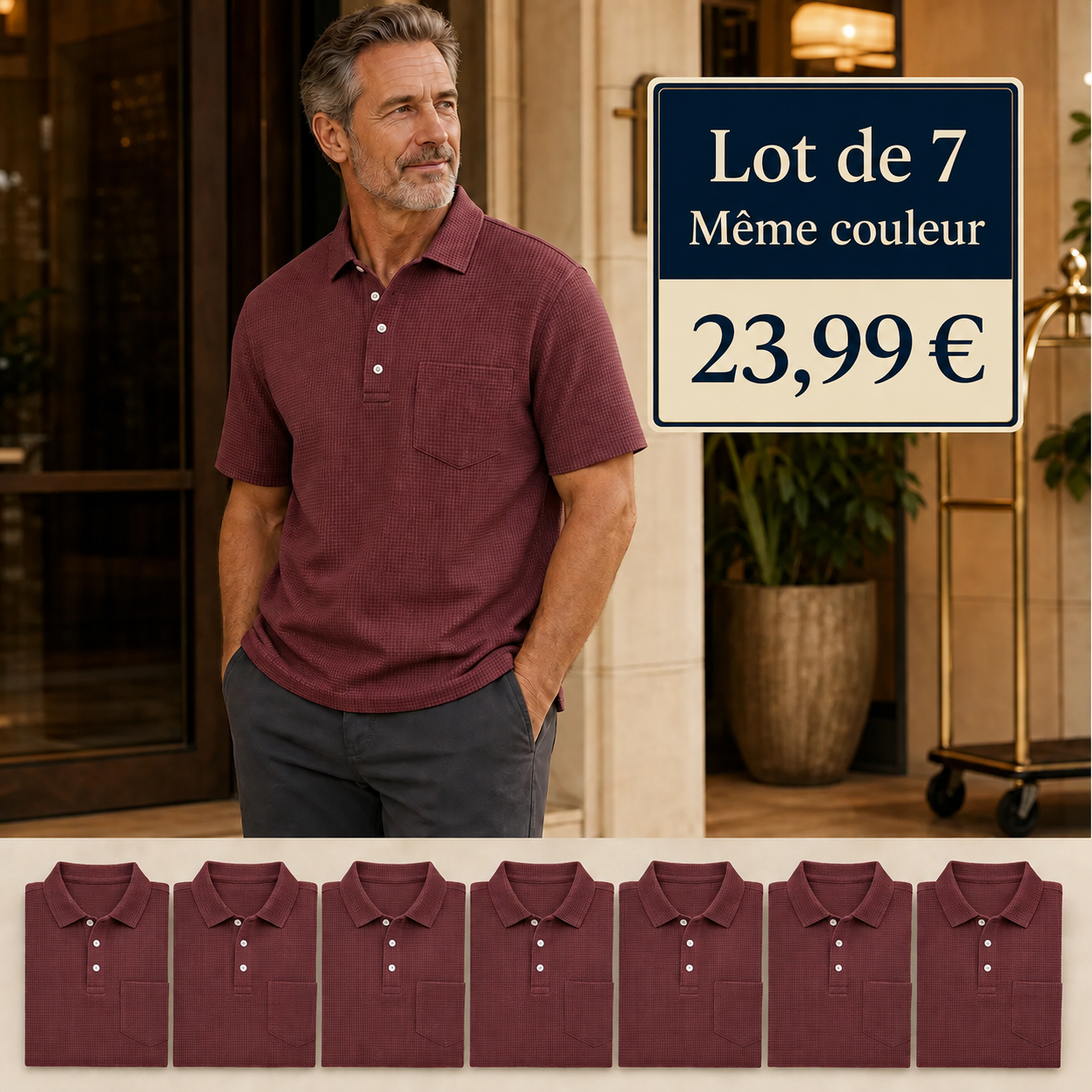 Polo à manches courtes pour homme, texturé, avec poche poitrine