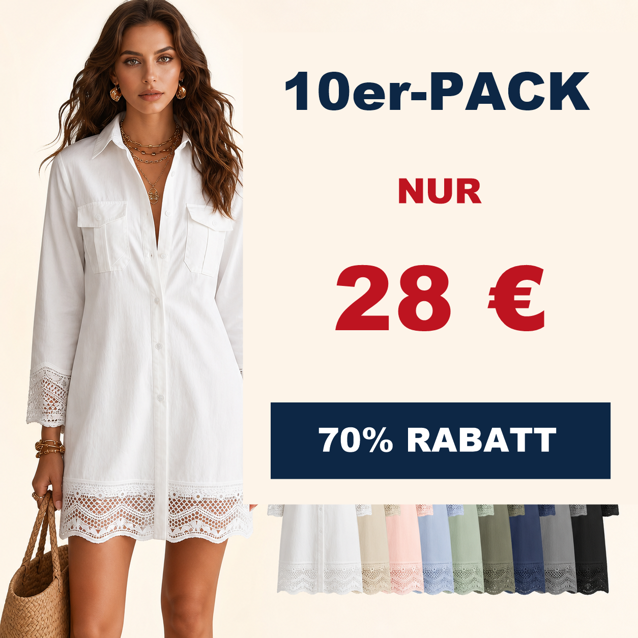 ⏰Räumungsverkauf⚡10er-Pack für 28 €⚡ Damen-Hemdkleid mit Knopfleiste und Spitzenbesatz