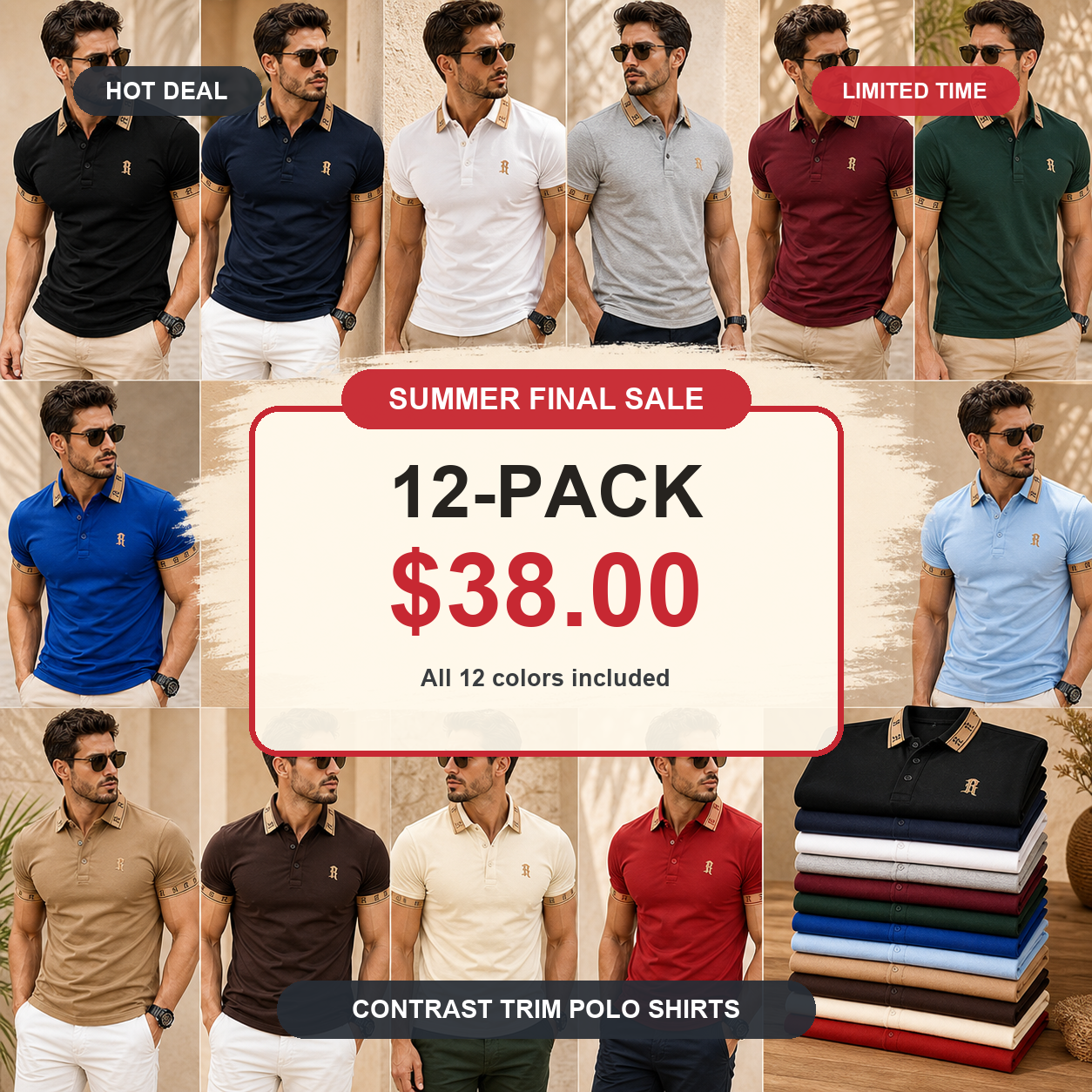 Men's Contrast Trim Monogram Short Sleeve Polo Shirt