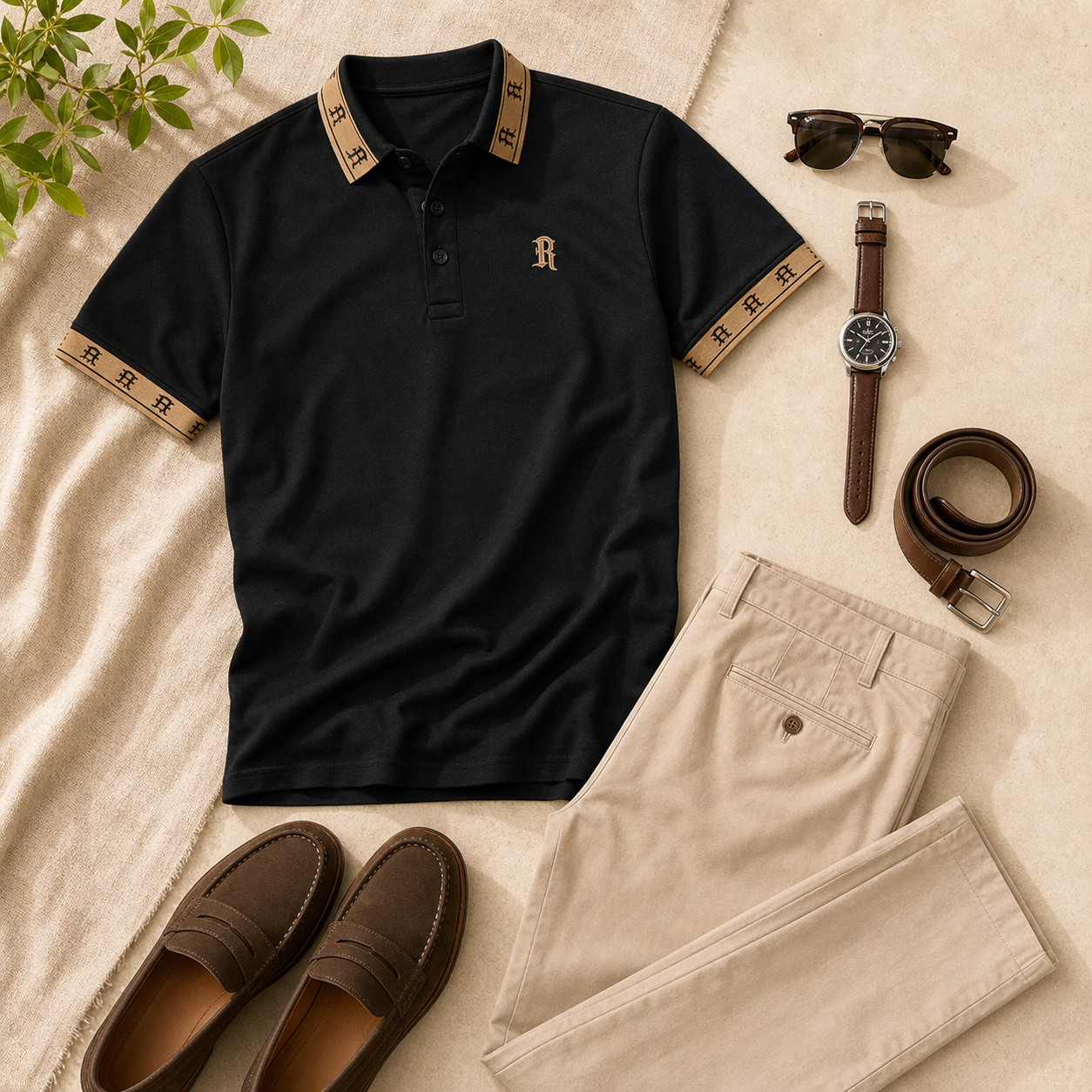 Men's Contrast Trim Monogram Short Sleeve Polo Shirt