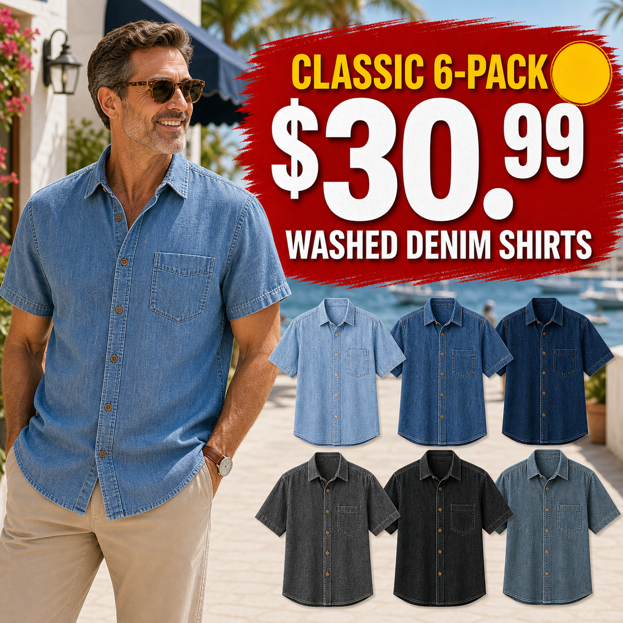 Men's Short Sleeve Washed Denim Button-Up Shirts